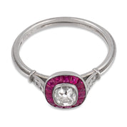 Art Deco inspired old mine cut diamond ruby target platinum ring