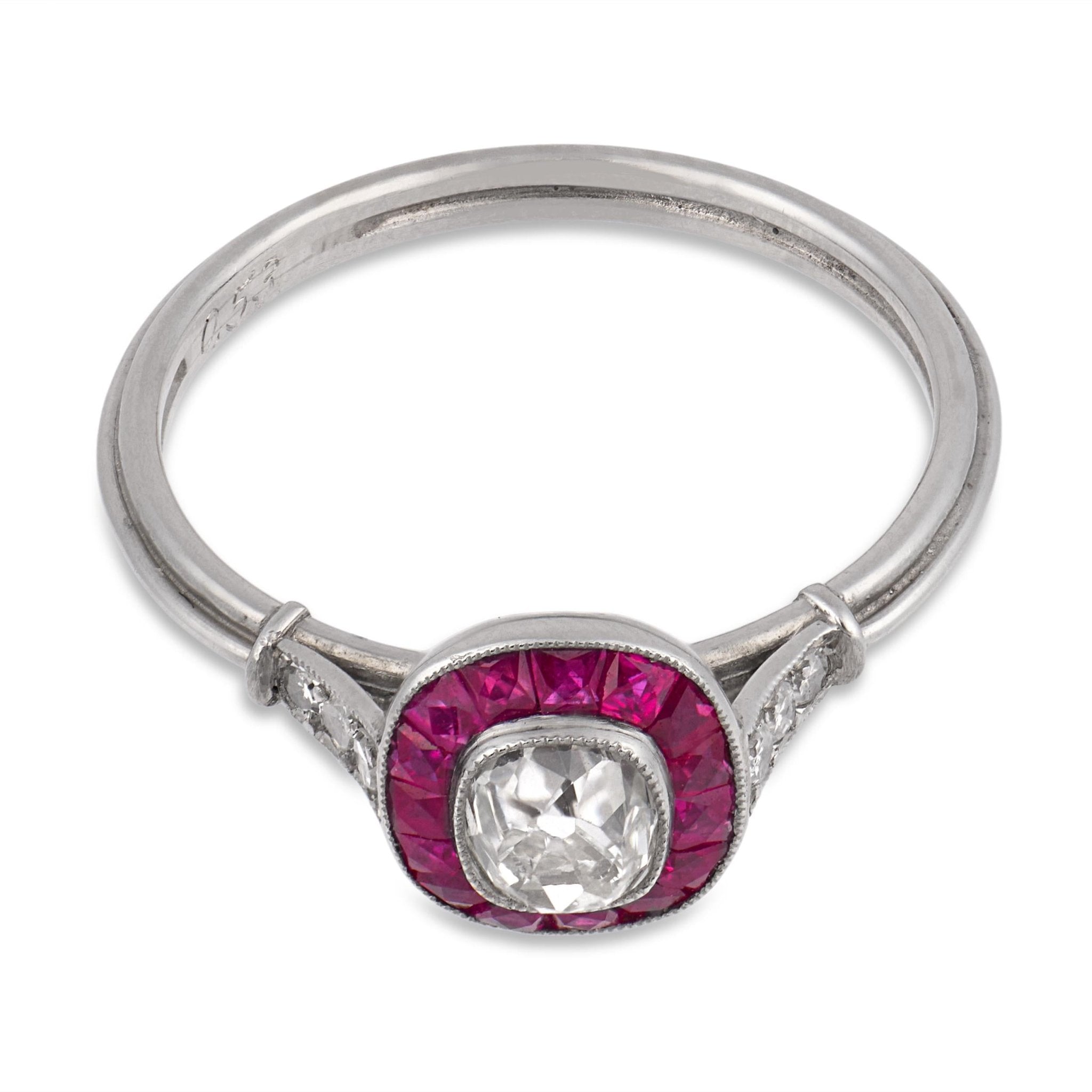 Art Deco inspired old mine cut diamond ruby target platinum ring