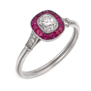 Art Deco inspired old mine cut diamond ruby target platinum ring