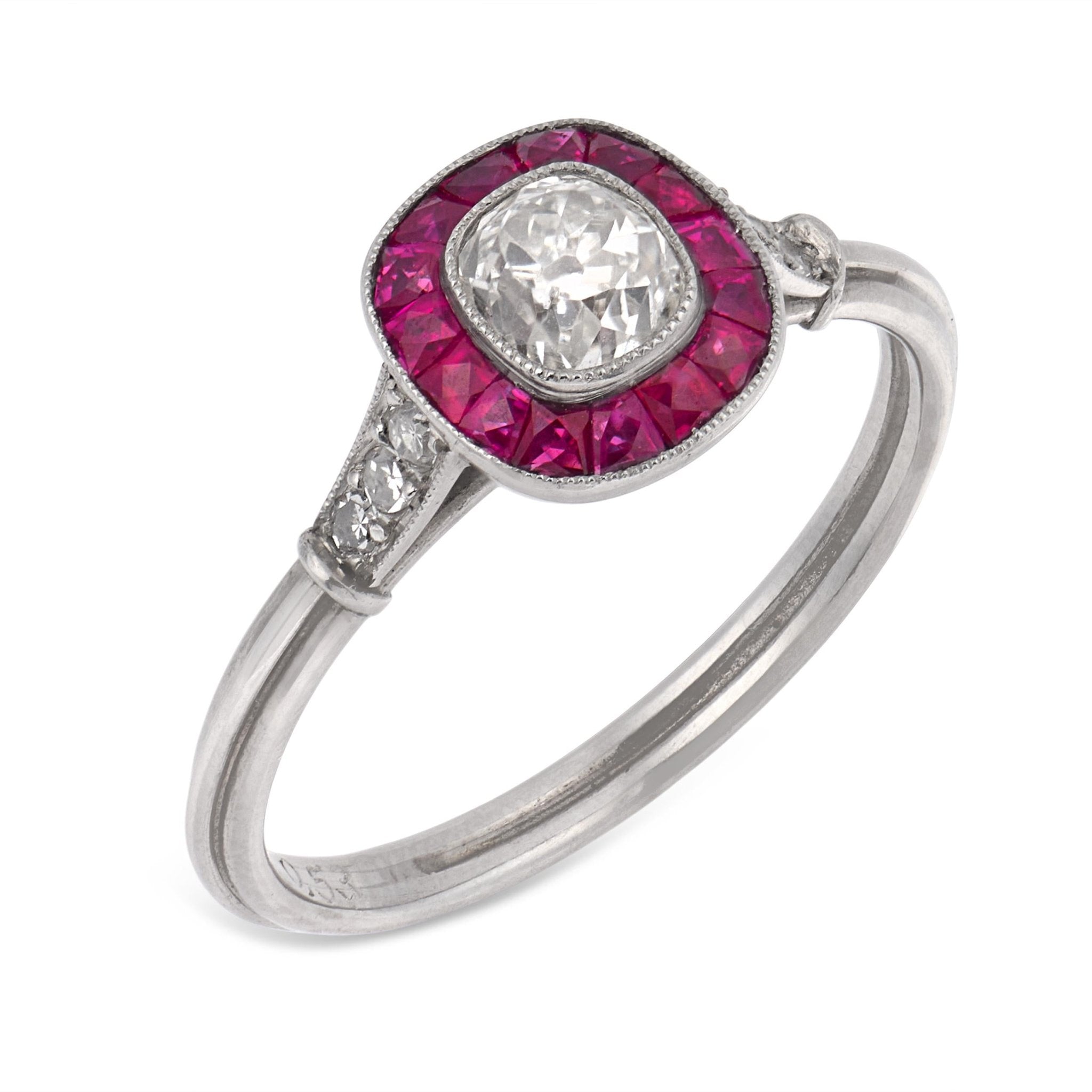 Art Deco inspired old mine cut diamond ruby target platinum ring