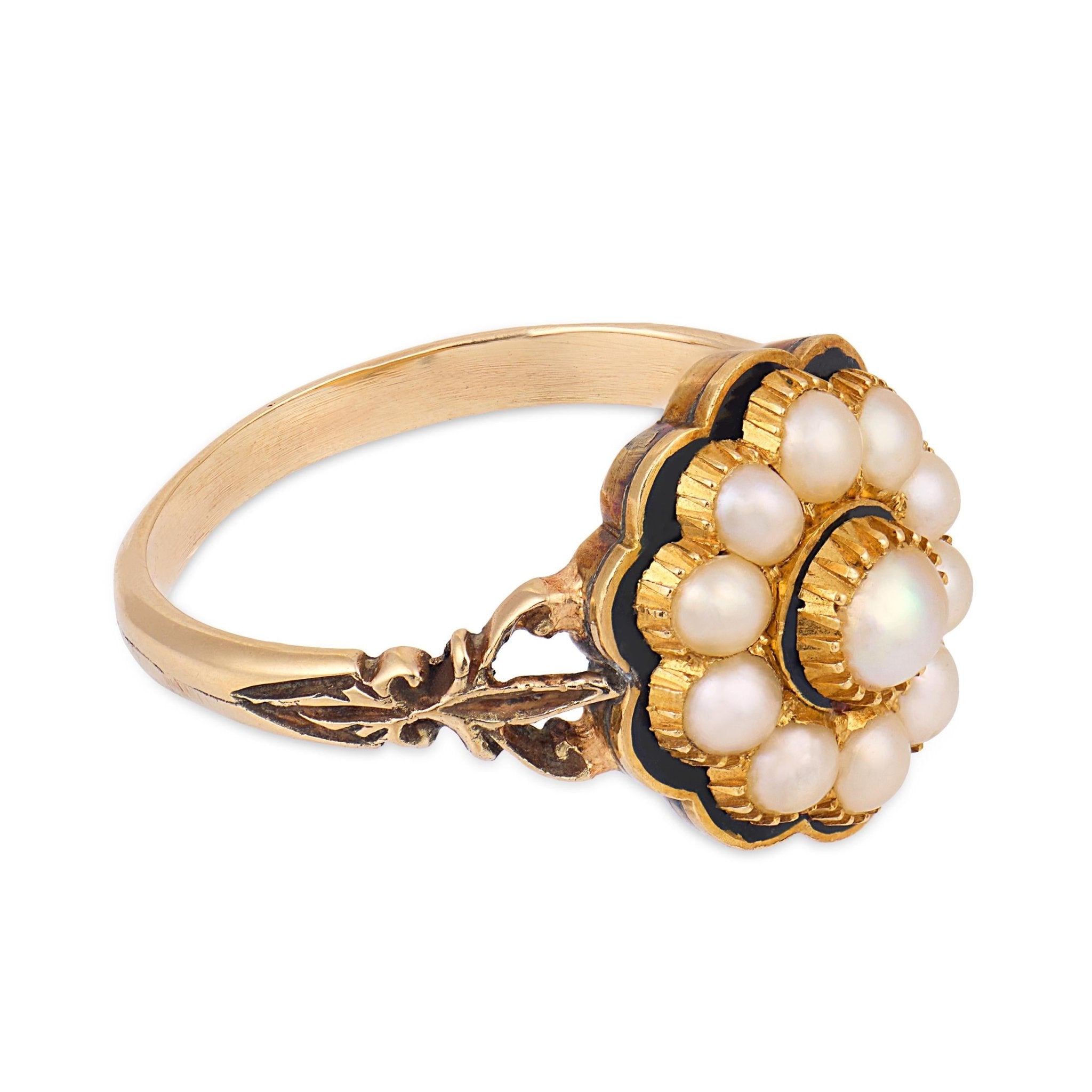 Georgian pearl black enamel mourning 18k yellow gold ring