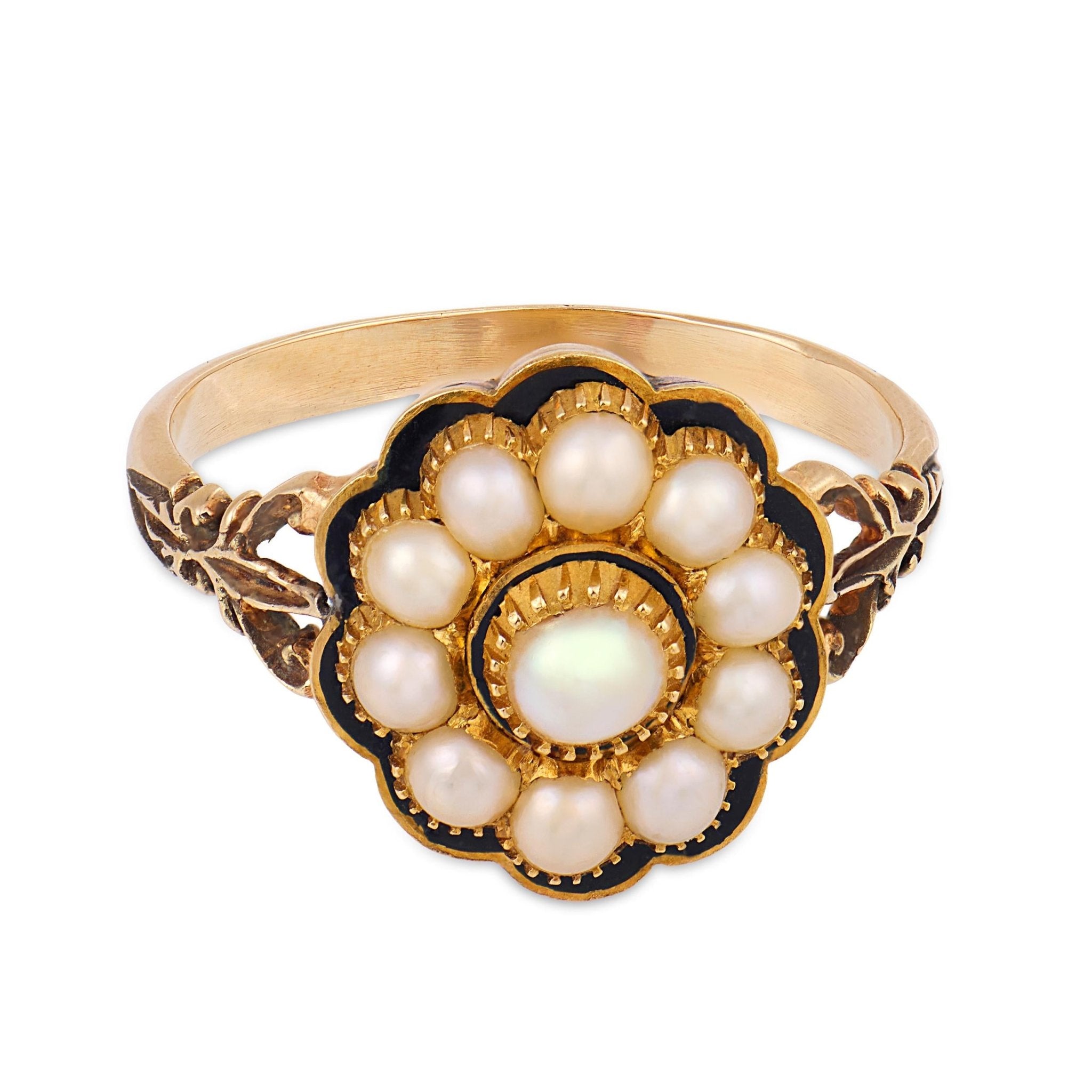 Georgian pearl black enamel mourning 18k yellow gold ring