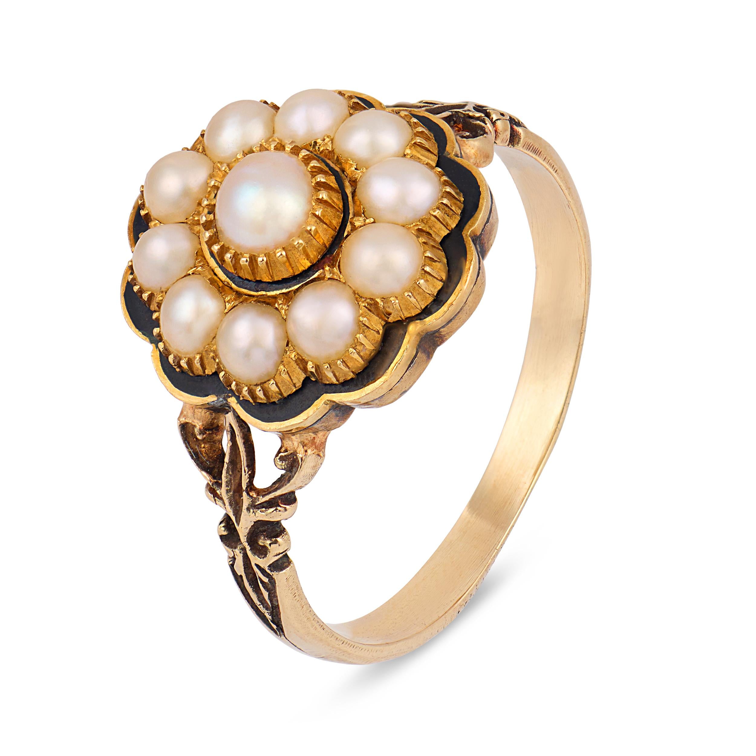 Georgian pearl black enamel mourning 18k yellow gold ring