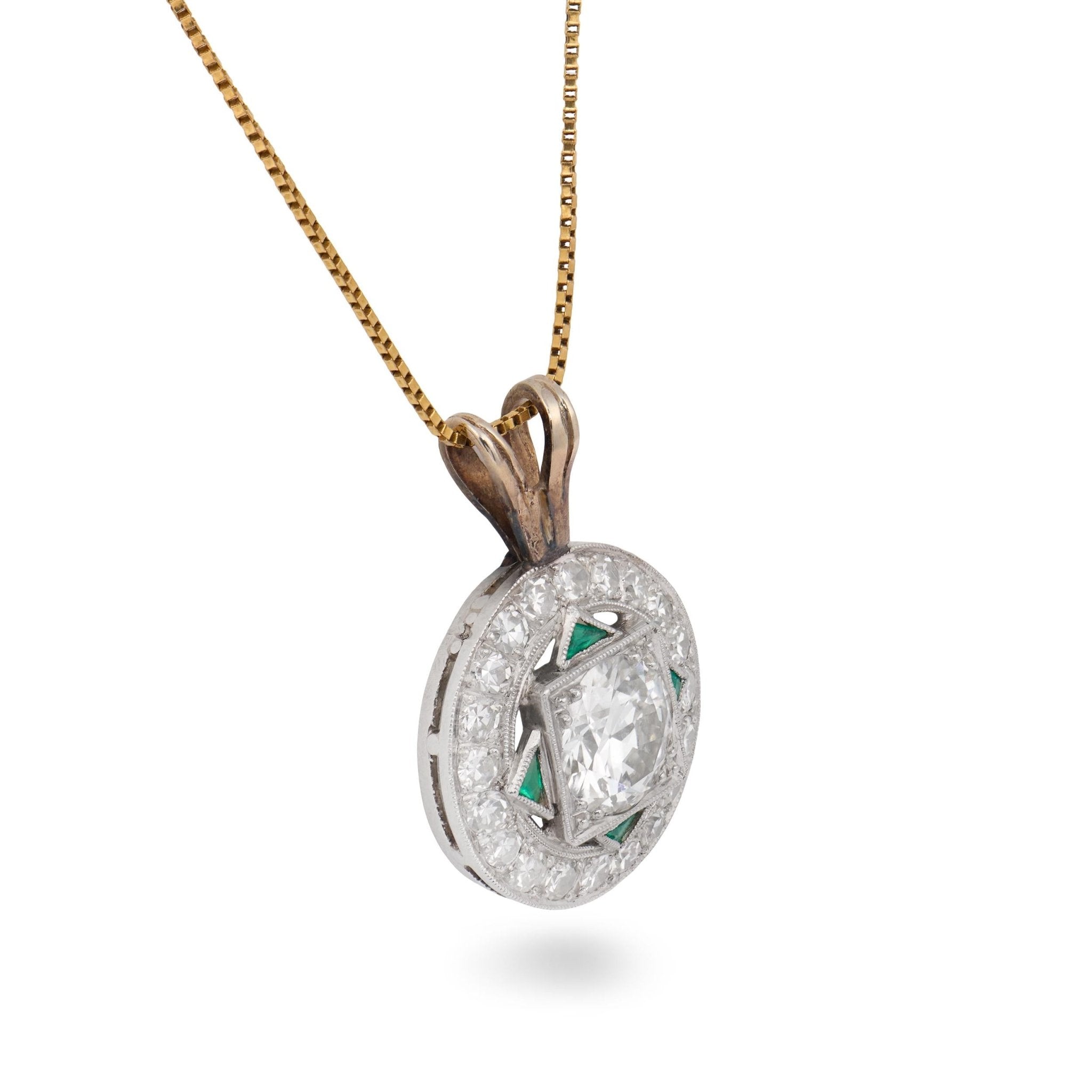 Art Deco old European diamond emerald platinum 14k yellow gold pendant necklace