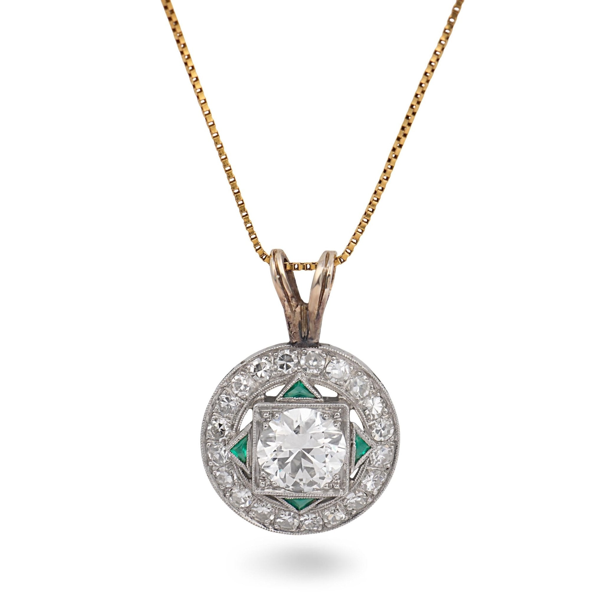 Art Deco old European diamond emerald platinum 14k yellow gold pendant necklace