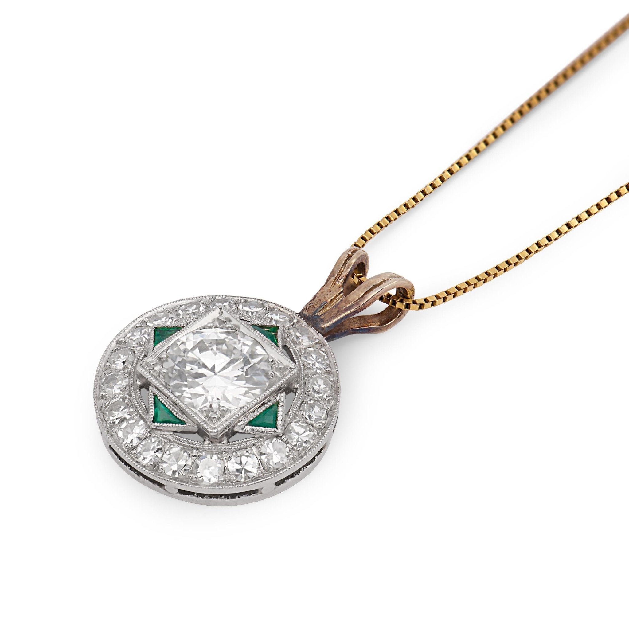 Art Deco old European diamond emerald platinum 14k yellow gold pendant necklace