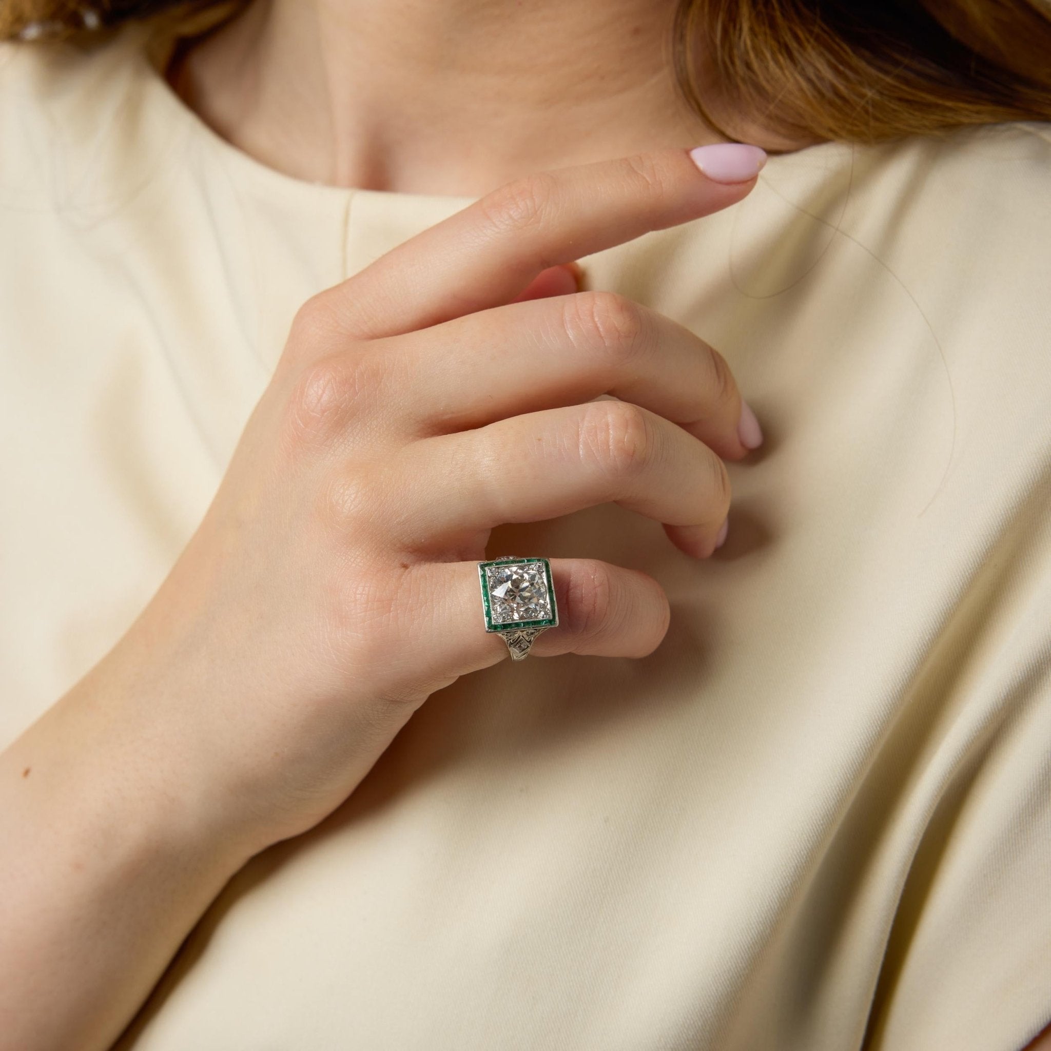 Art Deco GIA 3.42 carat old European cut diamond emerald platinum target ring