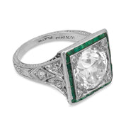 Art Deco GIA 3.42 carat old European cut diamond emerald platinum target ring
