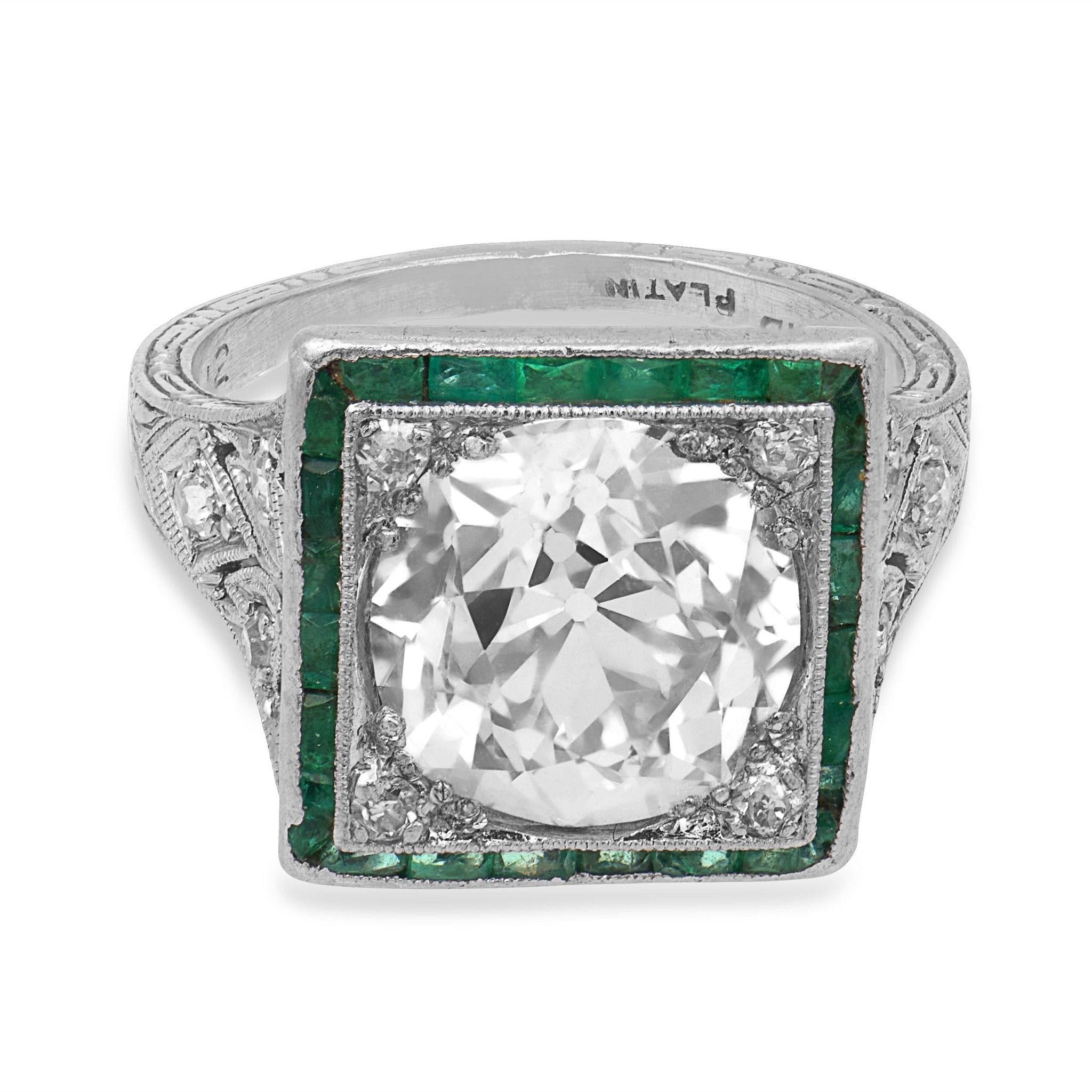 Art Deco GIA 3.42 carat old European cut diamond emerald platinum target ring