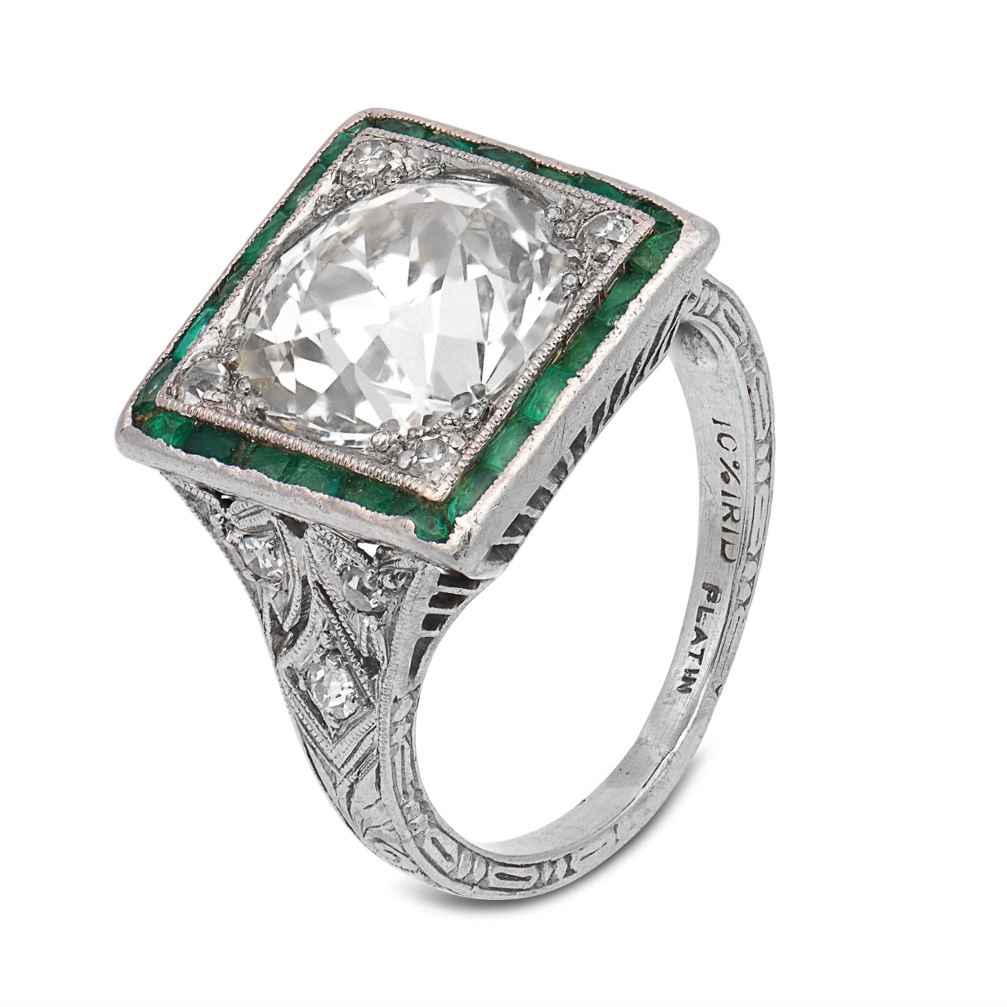 Art Deco GIA 3.42 carat old European cut diamond emerald platinum target ring