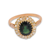 Victorian 2.10 carat green sapphire diamond 18k yellow gold cluster ring