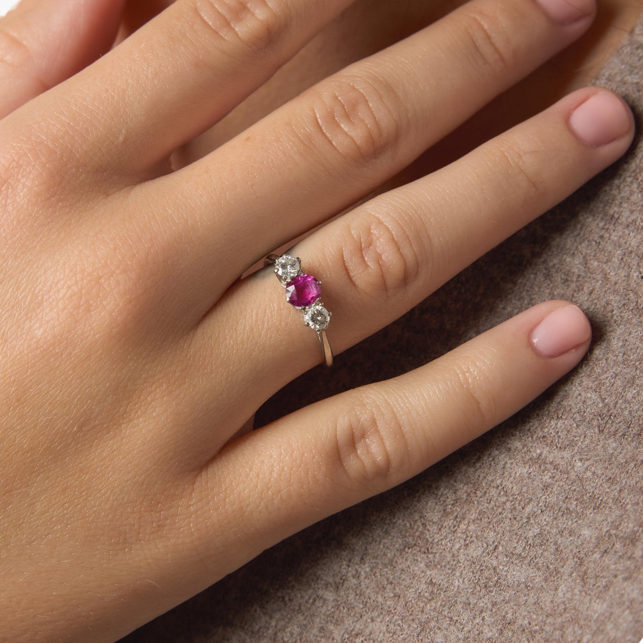 Art Deco ruby diamond three stone platinum ring