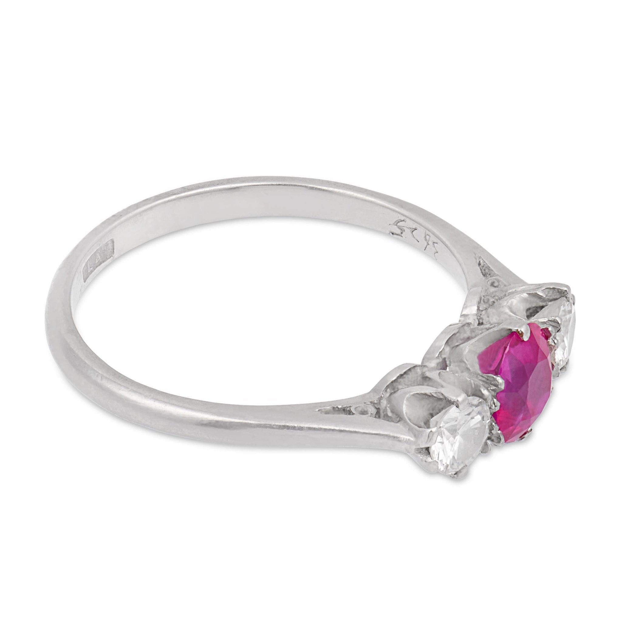Art Deco ruby diamond three stone platinum ring