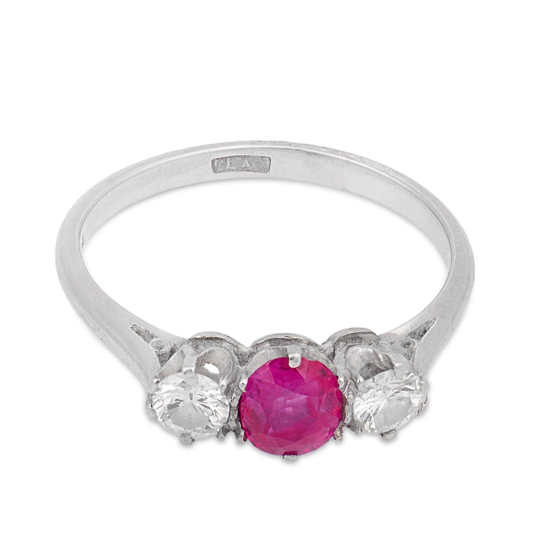 Art Deco ruby diamond three stone platinum ring