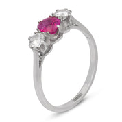 Art Deco ruby diamond three stone platinum ring
