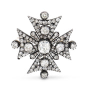 Georgian GIA 16 carat old mine cut diamond Maltese cross gold on silver brooch