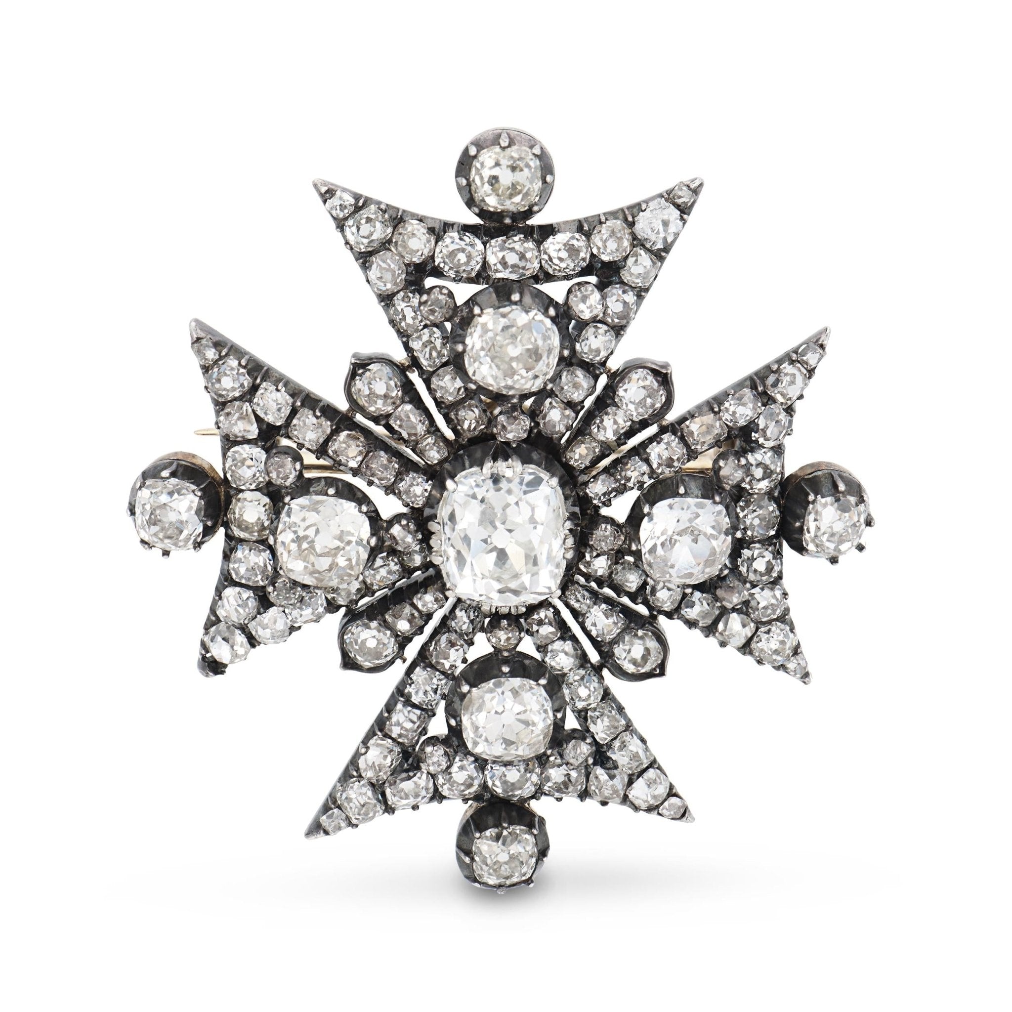 Georgian GIA 16 carat old mine cut diamond Maltese cross gold on silver brooch