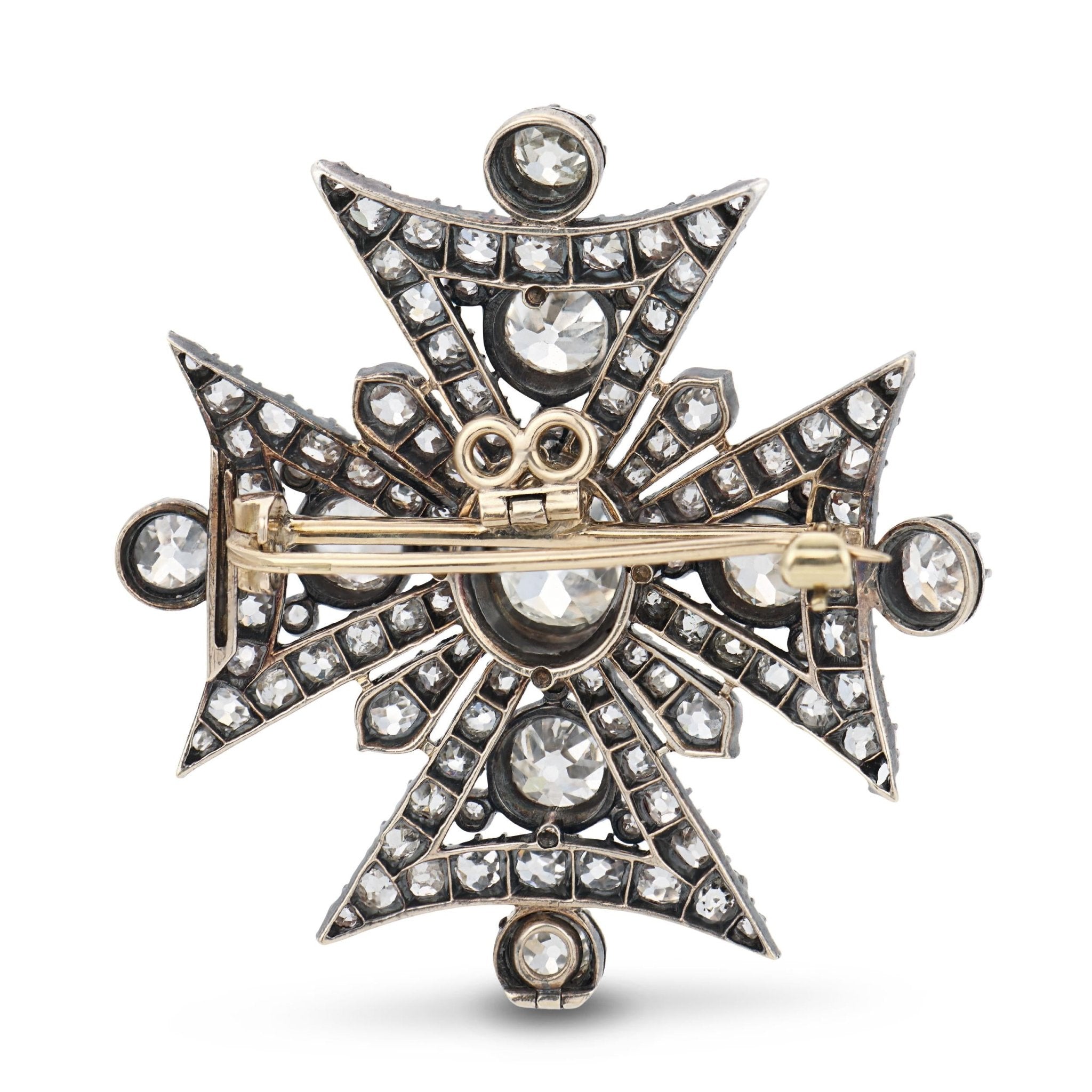 Georgian GIA 16 carat old mine cut diamond Maltese cross gold on silver brooch