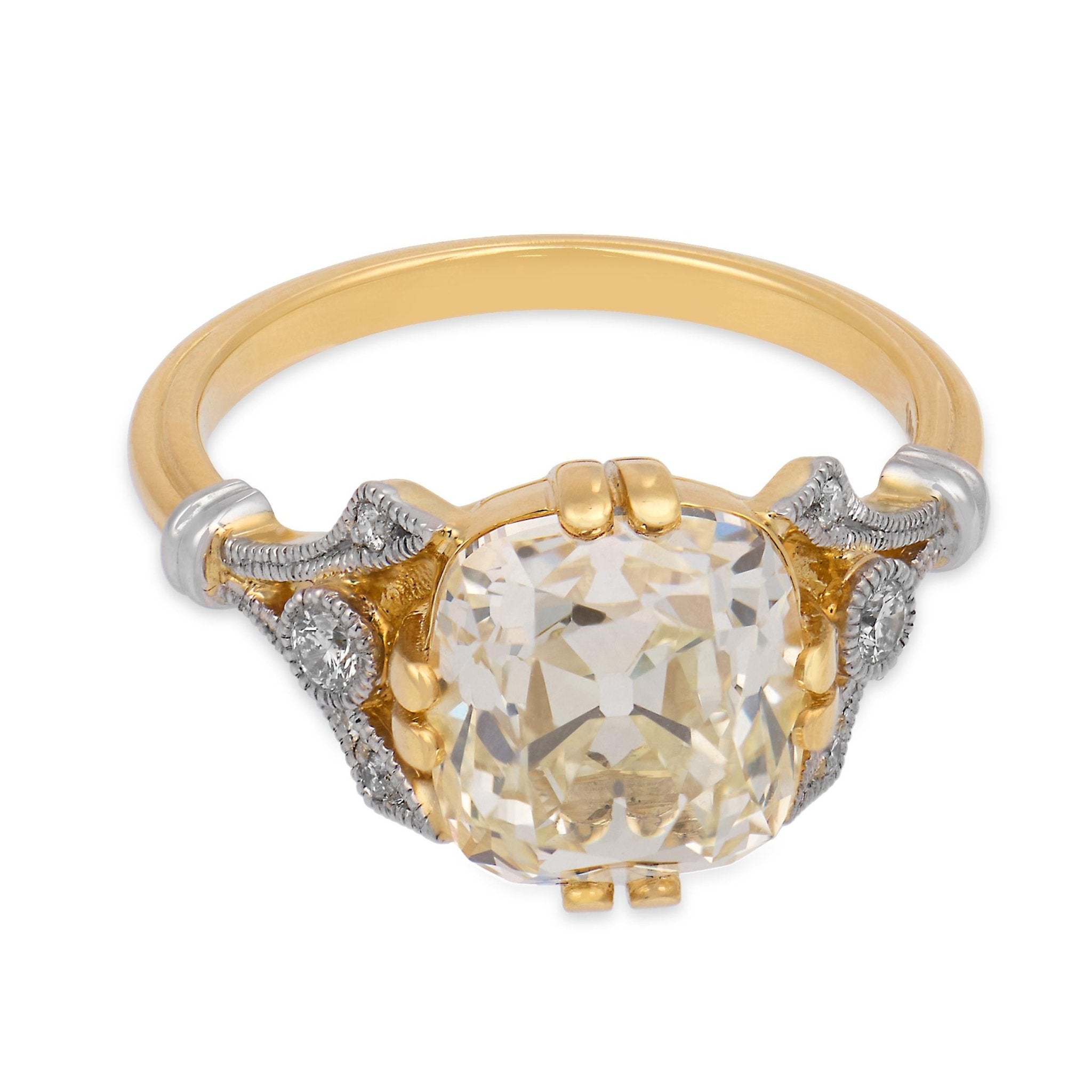 GIA 4.03 carat old mine cut diamond 18k yellow gold engagement ring
