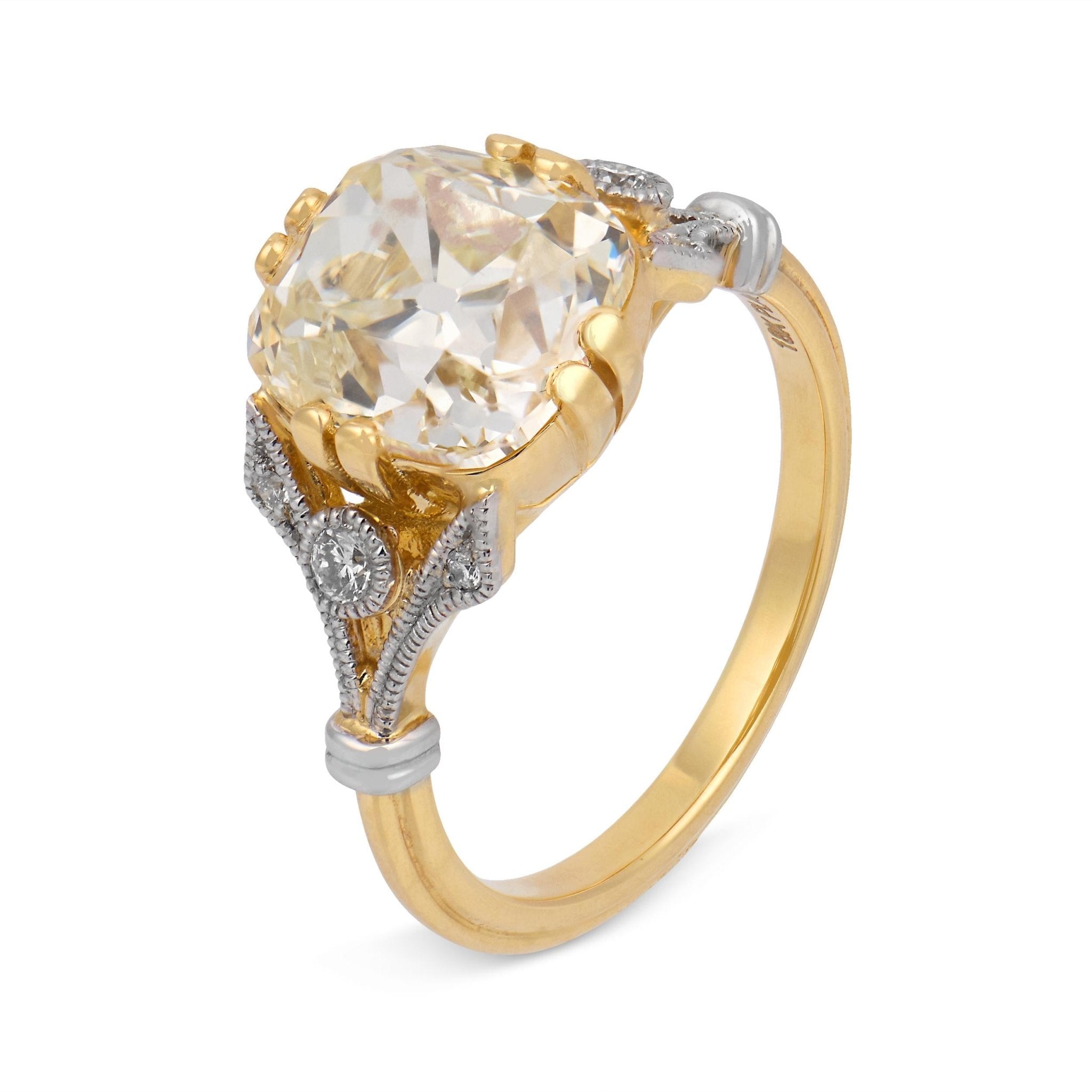 GIA 4.03 carat old mine cut diamond 18k yellow gold engagement ring