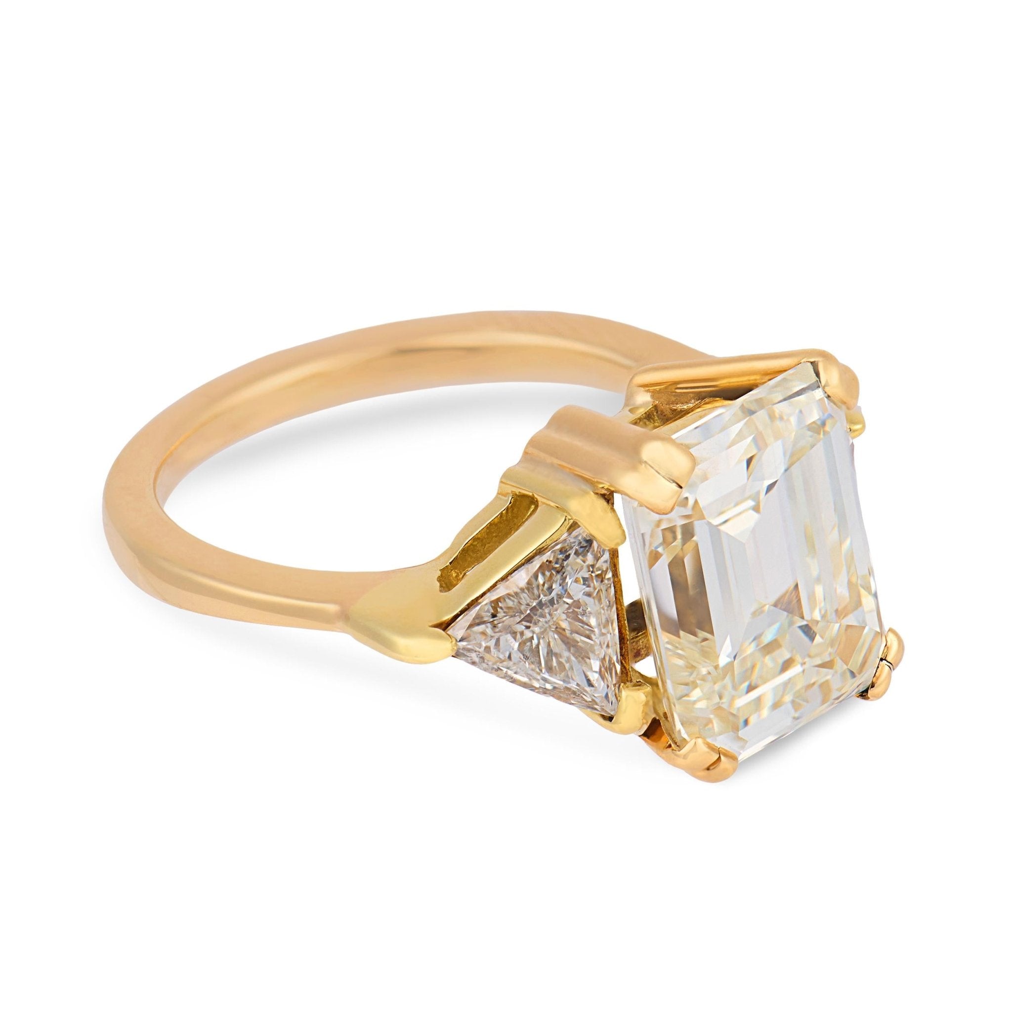 GIA 5.09 carat emerald cut diamond 18k yellow gold engagement ring