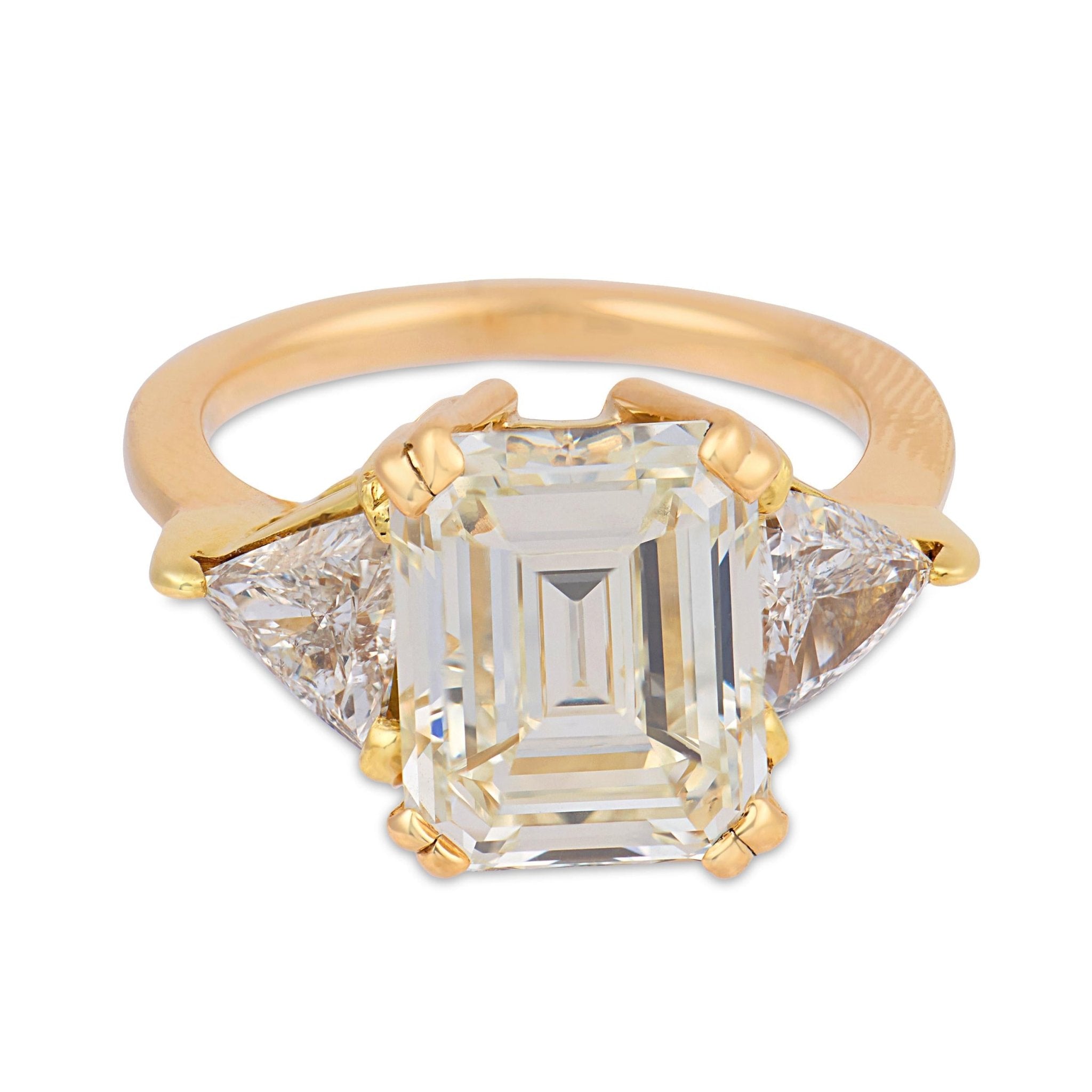 GIA 5.09 carat emerald cut diamond 18k yellow gold engagement ring