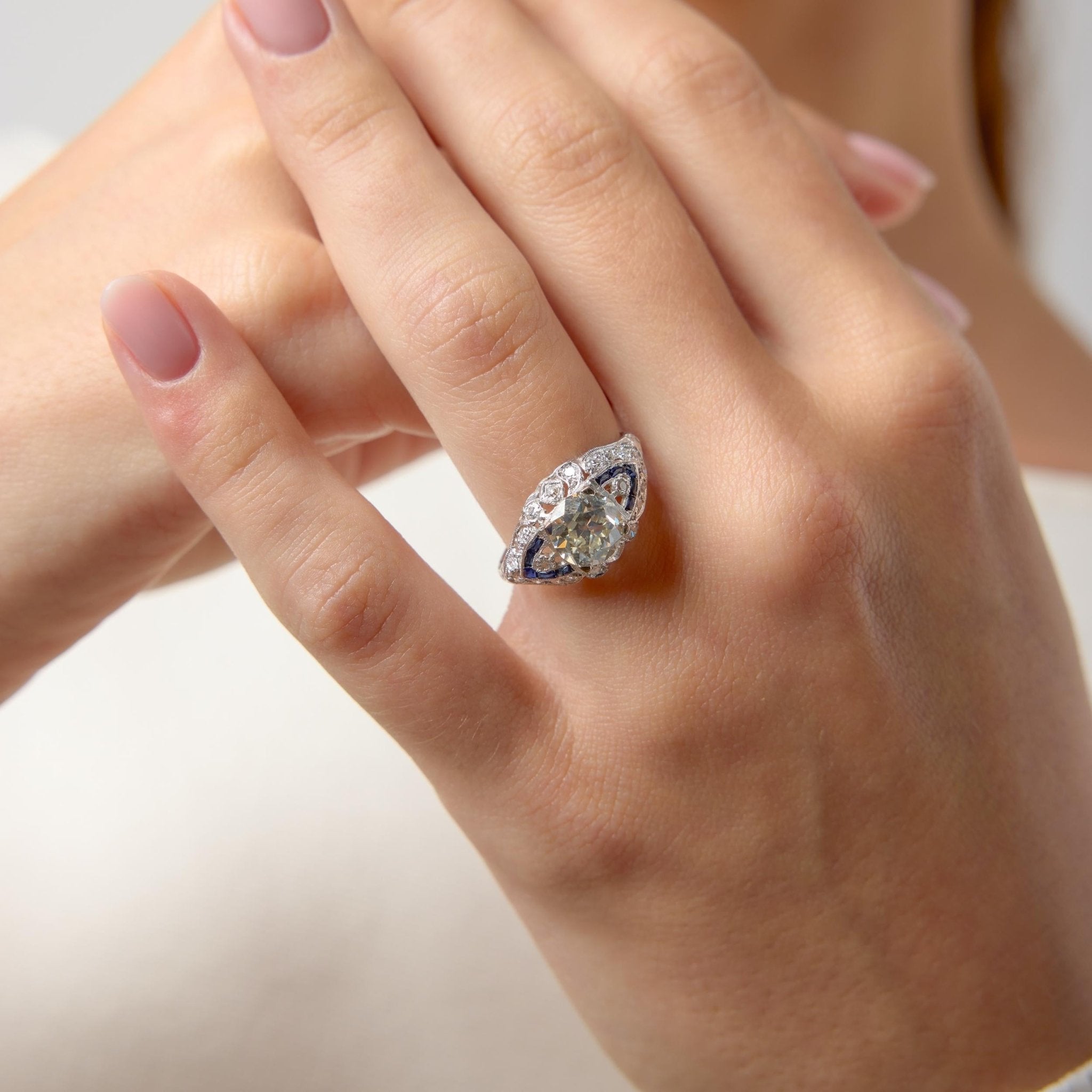 Art Deco GIA 2.01 carat old Euro cut diamond sapphire platinum engagement ring