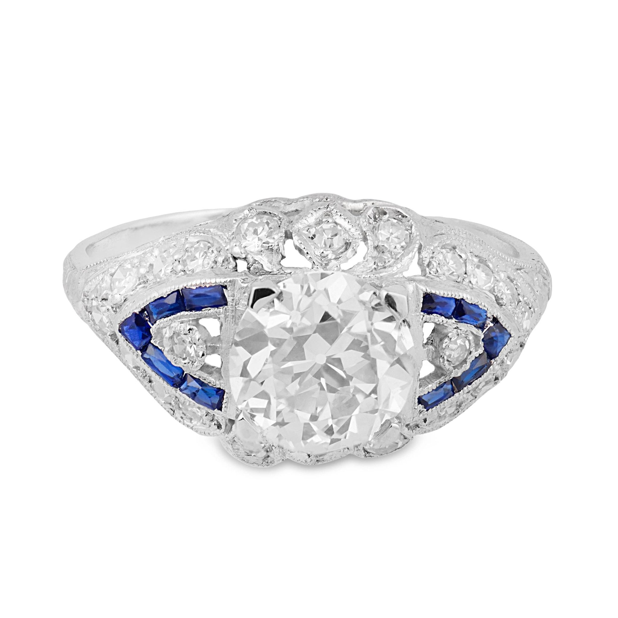 Art Deco GIA 2.01 carat old Euro cut diamond sapphire platinum engagement ring