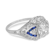 Art Deco GIA 2.01 carat old Euro cut diamond sapphire platinum engagement ring