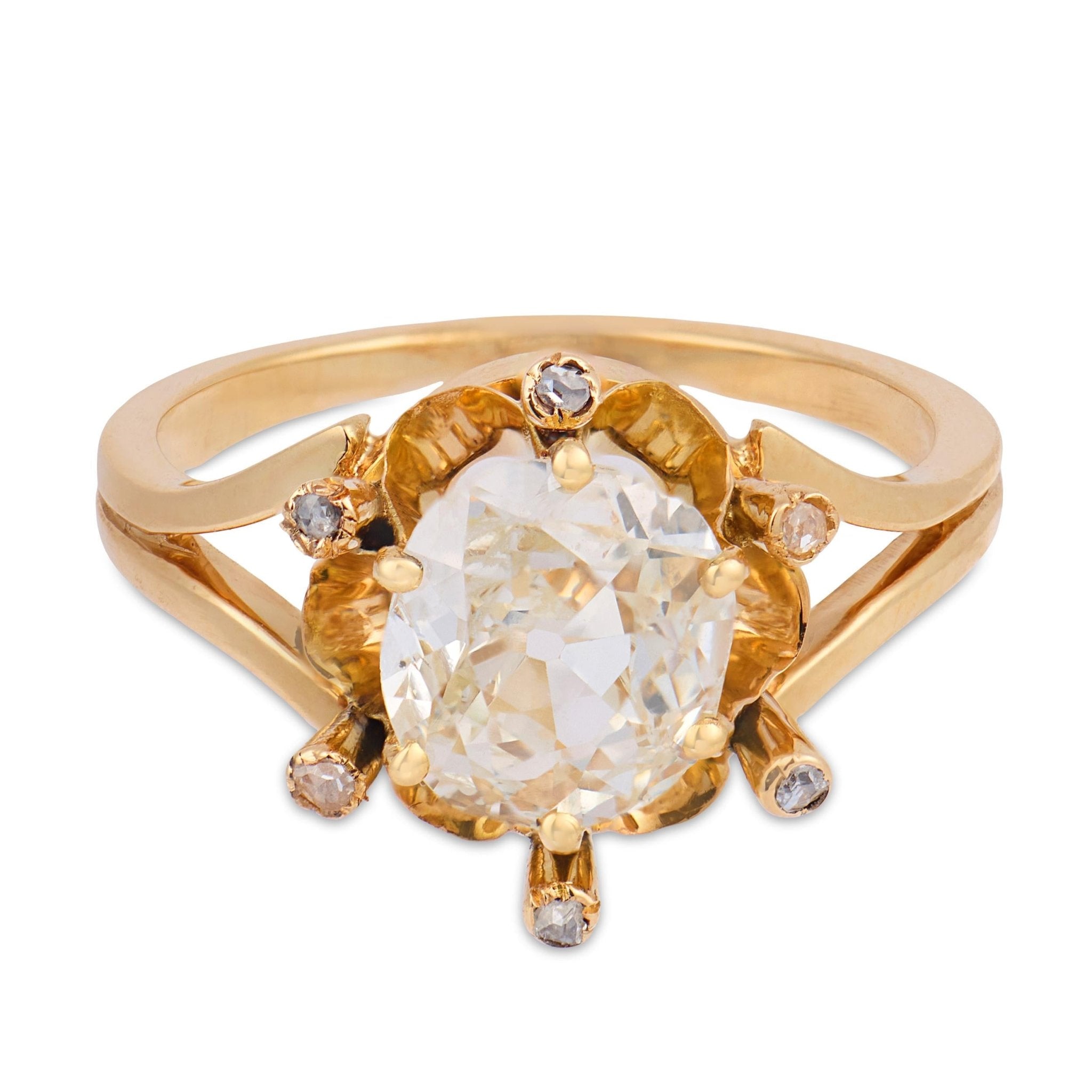 Victorian GIA 1.35 carat old mine cut diamond 18k yellow gold engagement ring
