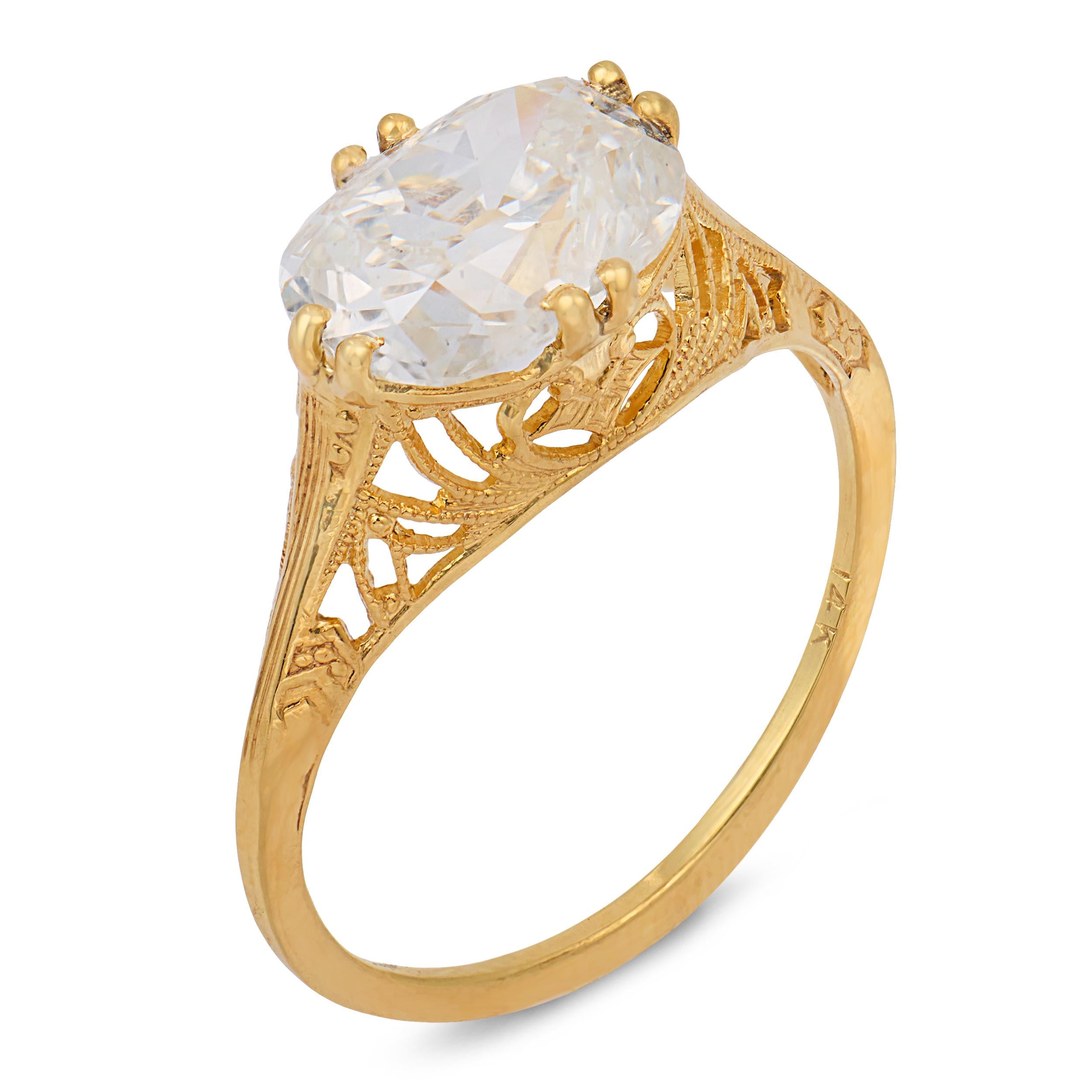 Vintage GIA 2.08 carat old mine cut diamond east-west 14k yellow gold ring