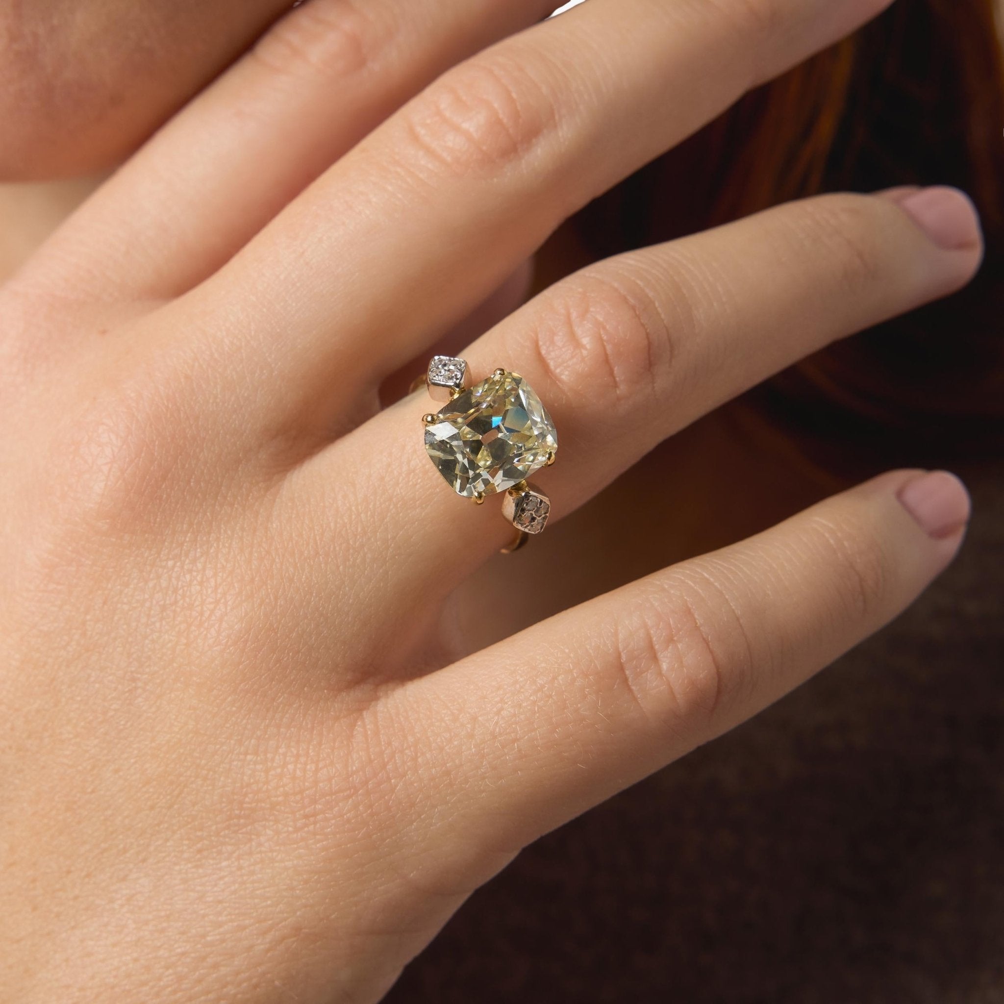 Vintage GIA 5.02 carat old mine cut diamond 18k yellow gold engagement ring