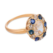 Victorian GIA 1.15 carat old mine cut diamond sapphire 14k gold cluster ring