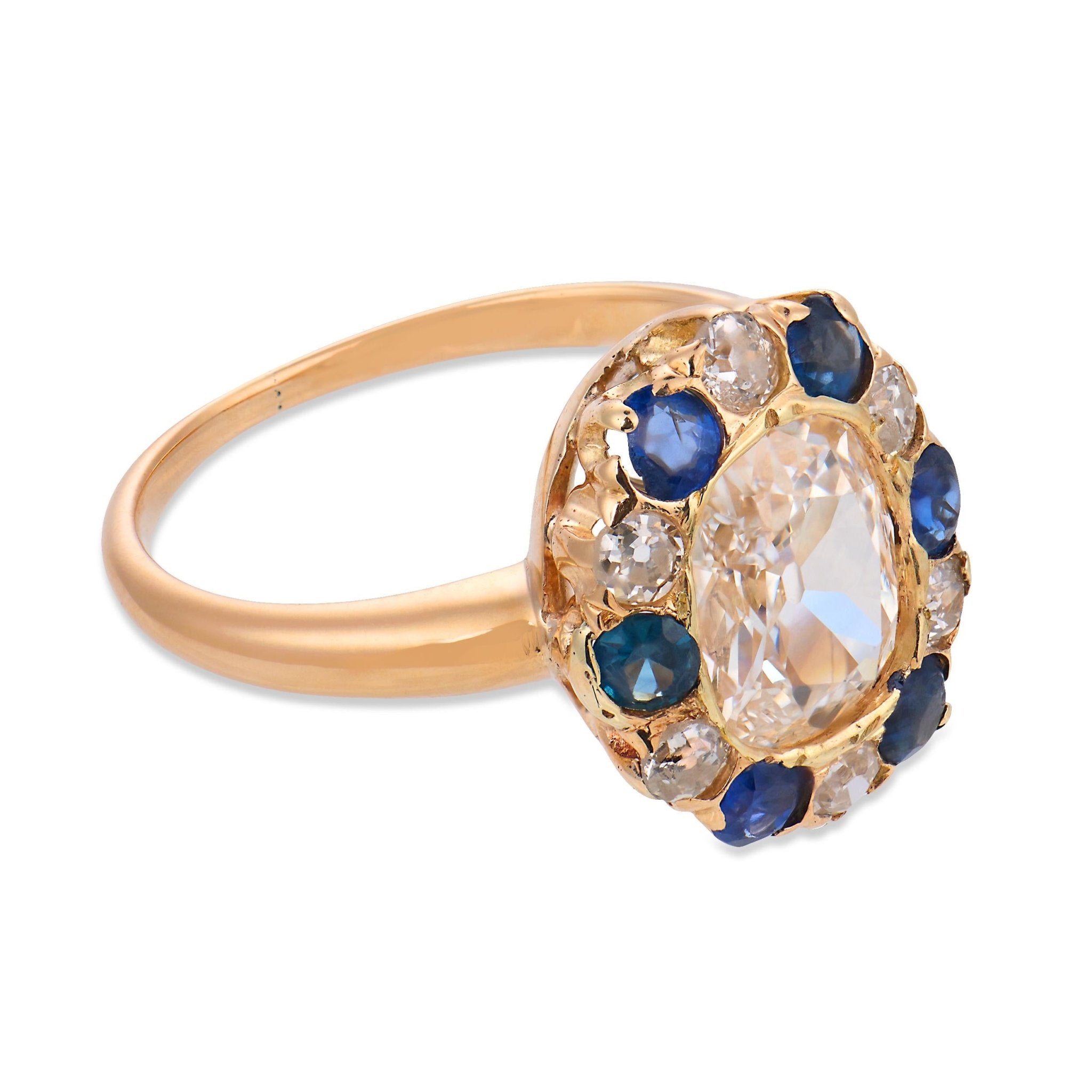 Victorian GIA 1.15 carat old mine cut diamond sapphire 14k gold cluster ring