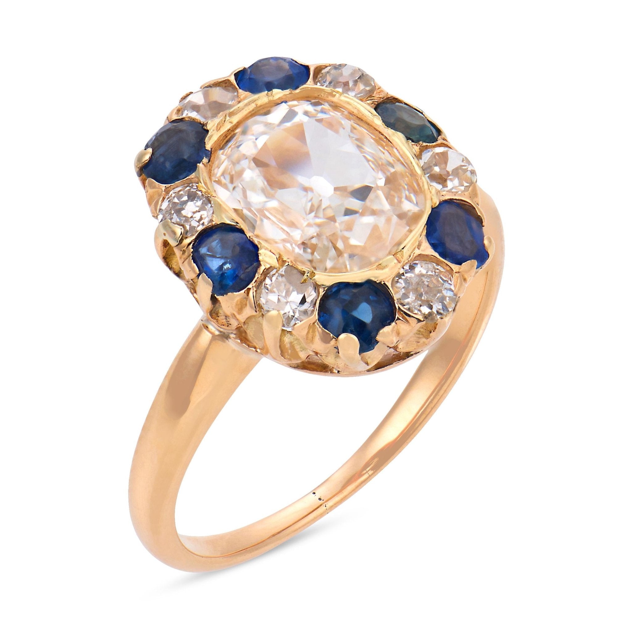 Victorian GIA 1.15 carat old mine cut diamond sapphire 14k gold cluster ring
