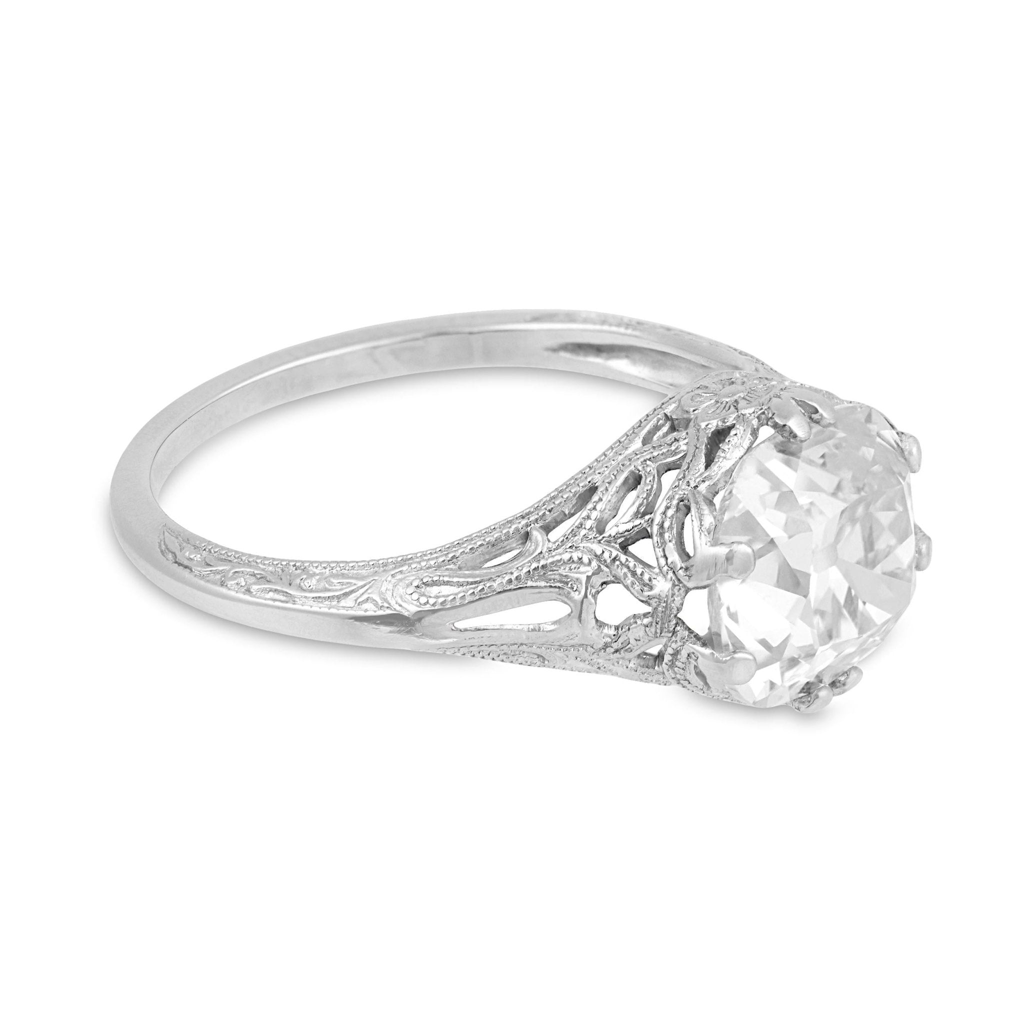 Art Deco GIA 3.02 carat old mine cut diamond filigree engagement ring
