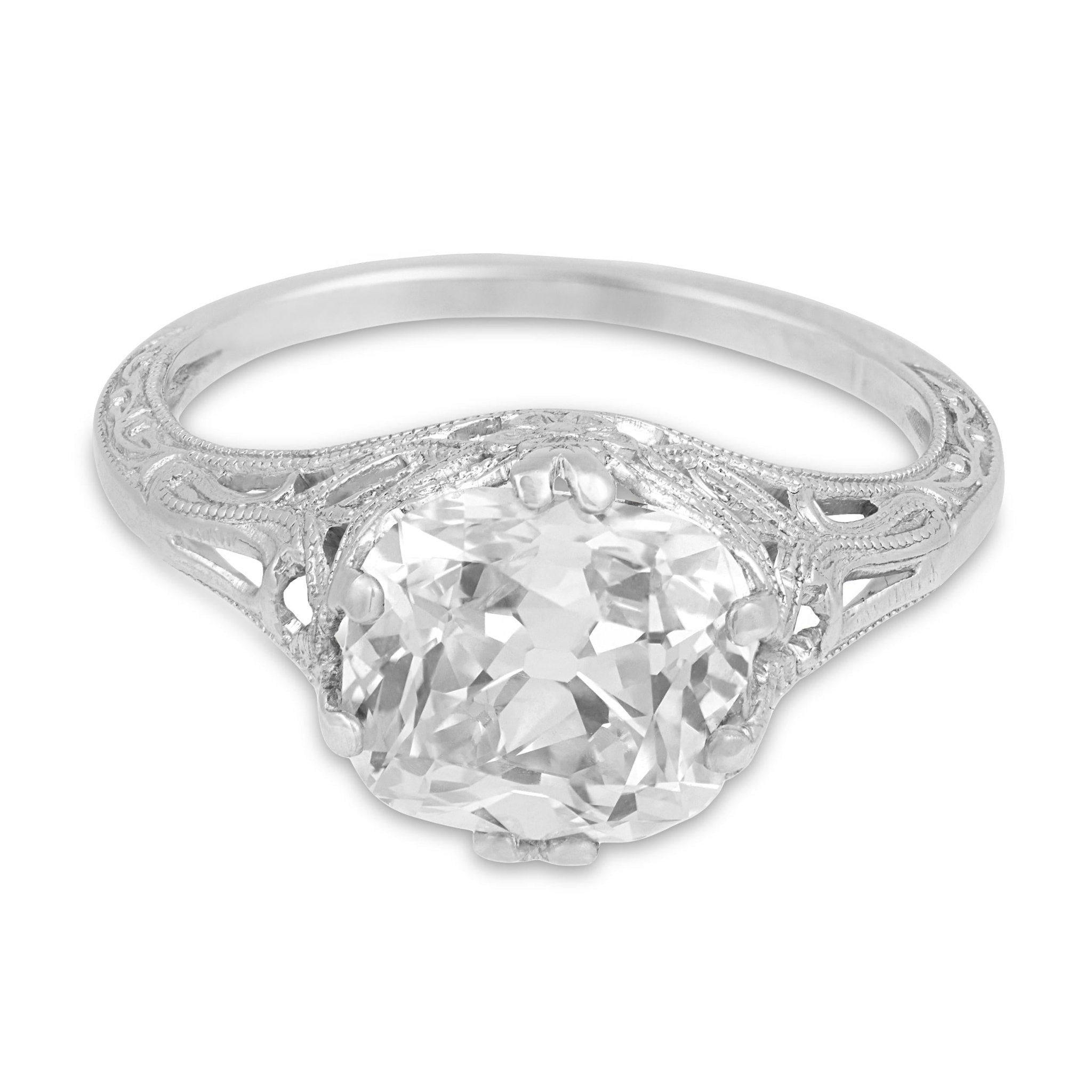 Art Deco GIA 3.02 carat old mine cut diamond filigree engagement ring