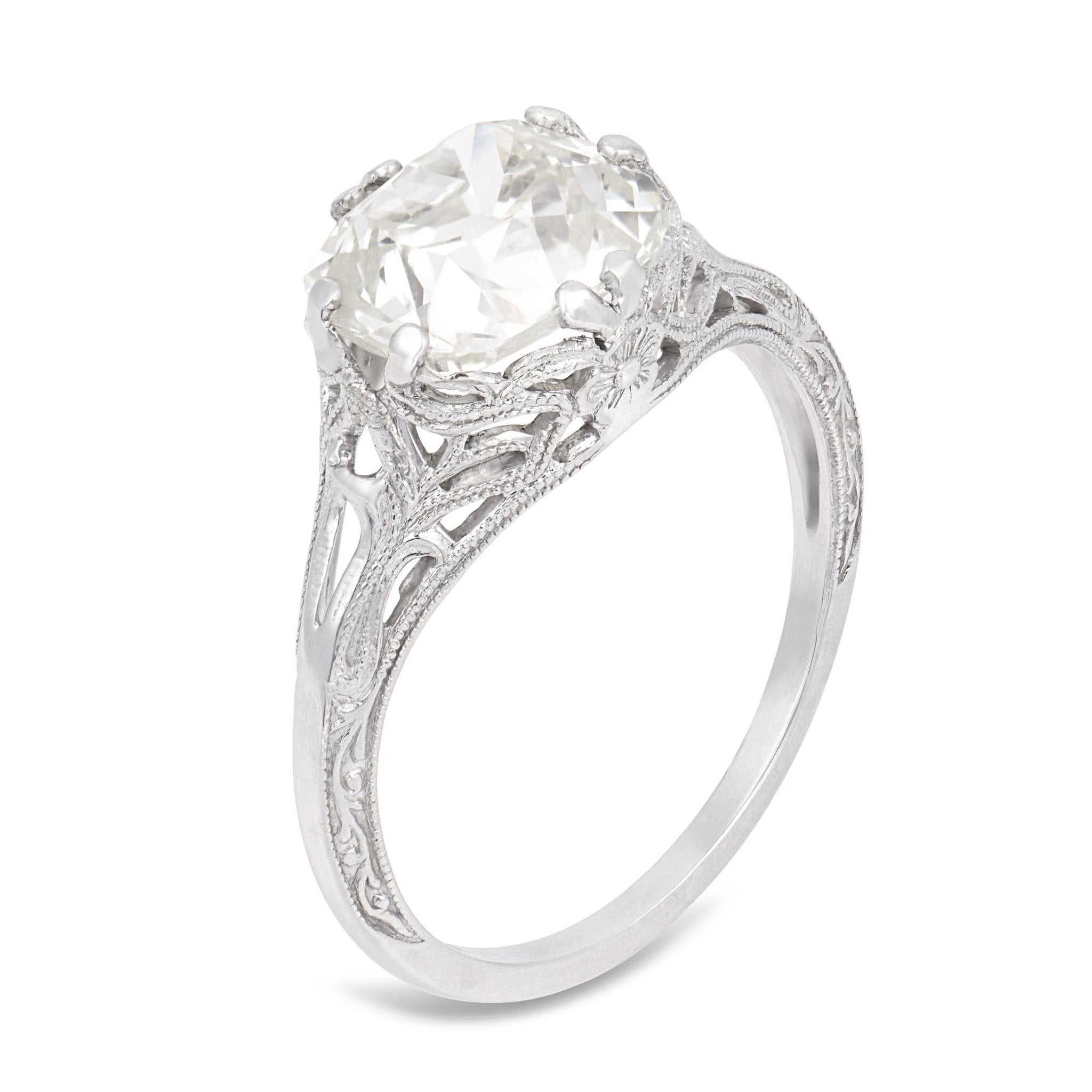 Art Deco GIA 3.02 carat old mine cut diamond filigree engagement ring