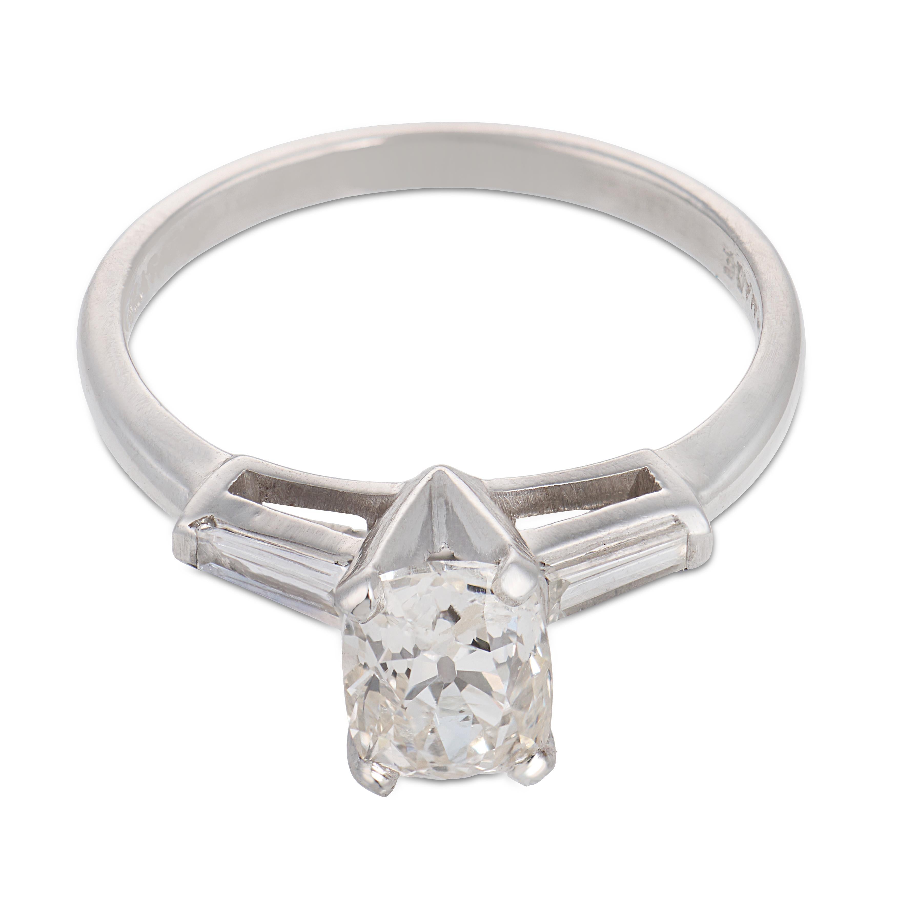 Mid Century GIA 1.00 carat old mine cut diamond platinum engagement ring