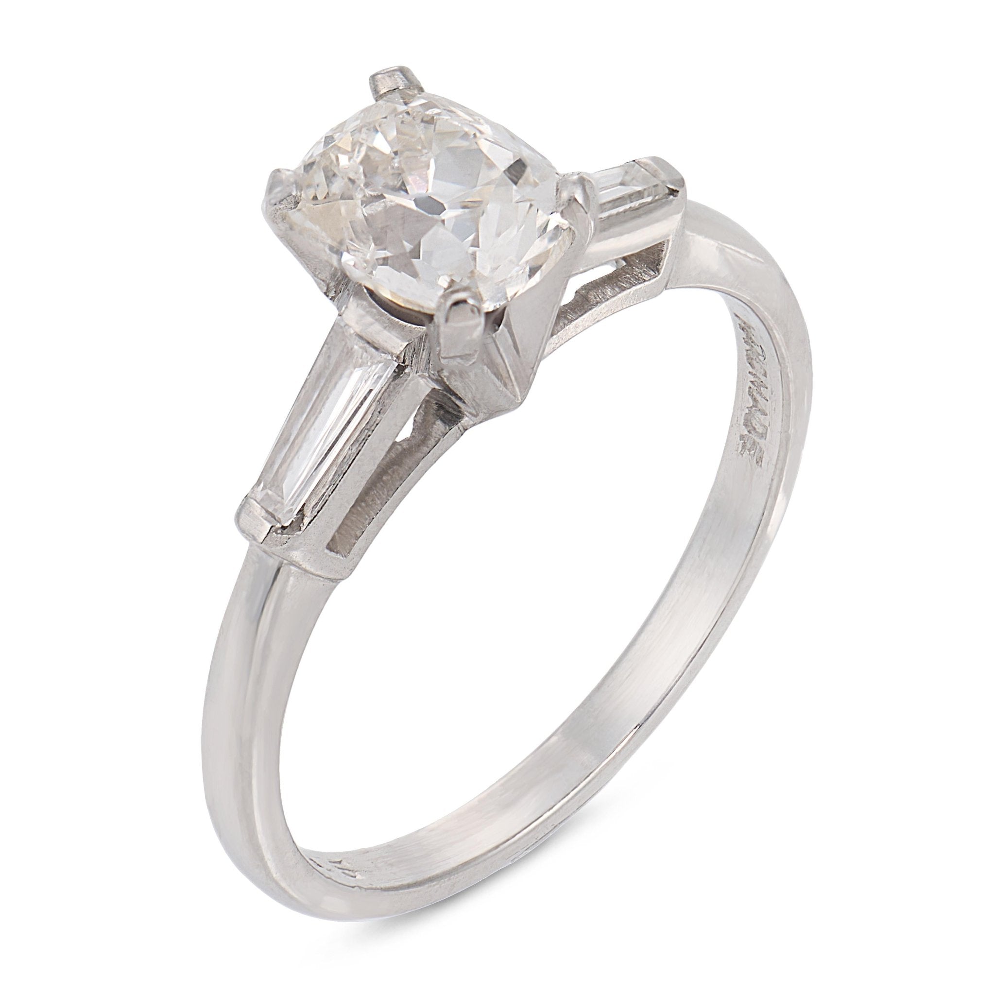 Mid Century GIA 1.00 carat old mine cut diamond platinum engagement ring