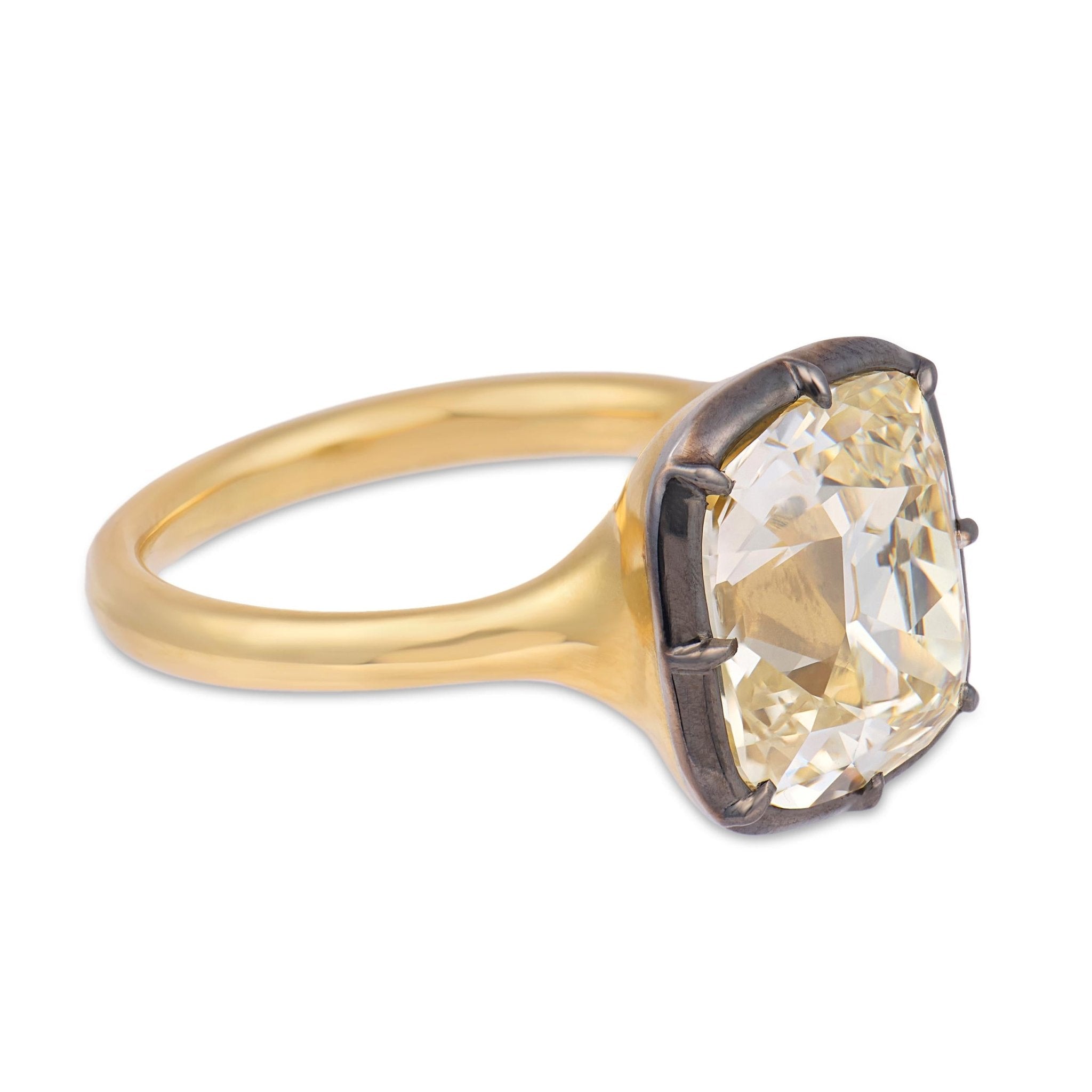 GIA 5.03 carat old mine cut diamond 18k yellow gold collet engagement ring