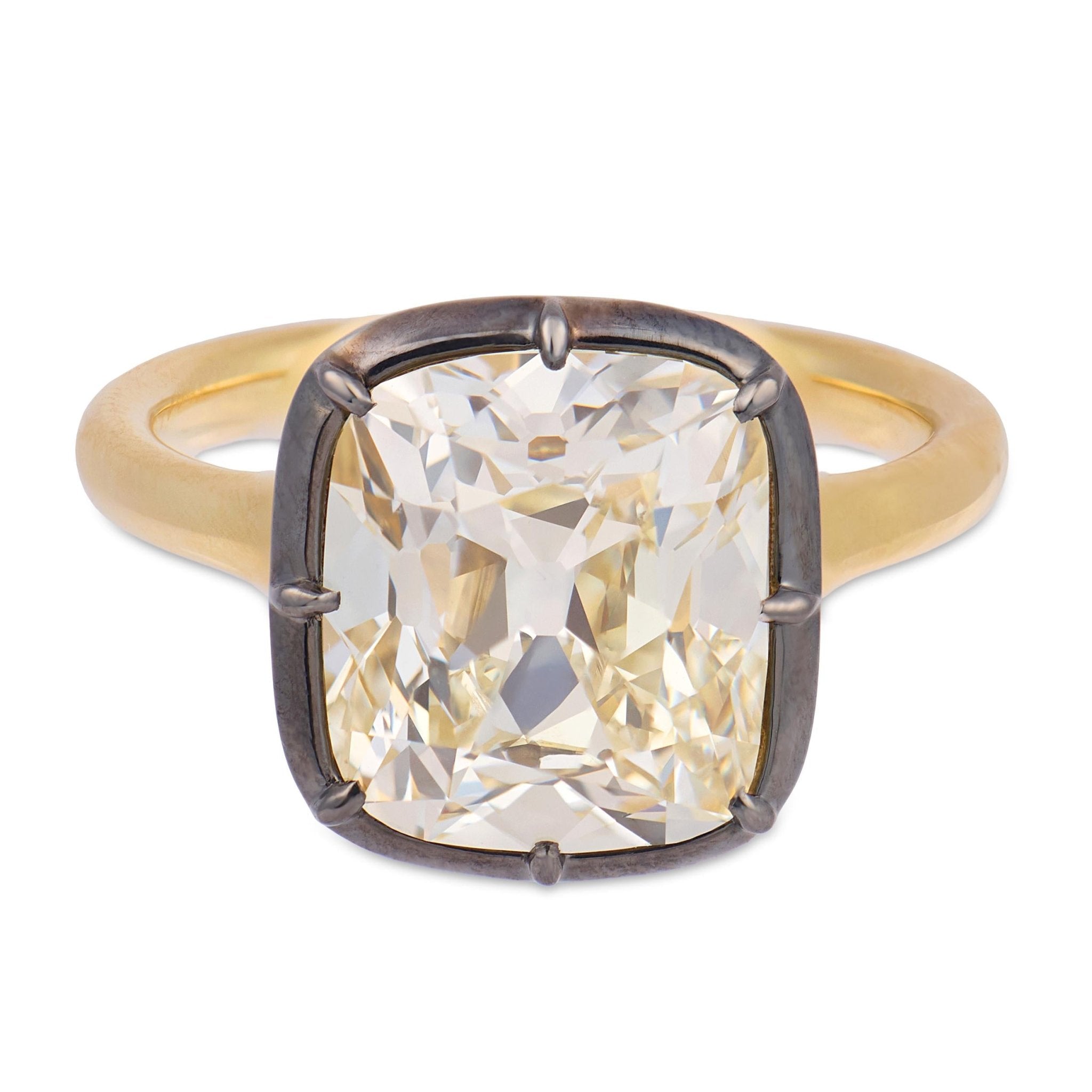 GIA 5.03 carat old mine cut diamond 18k yellow gold collet engagement ring