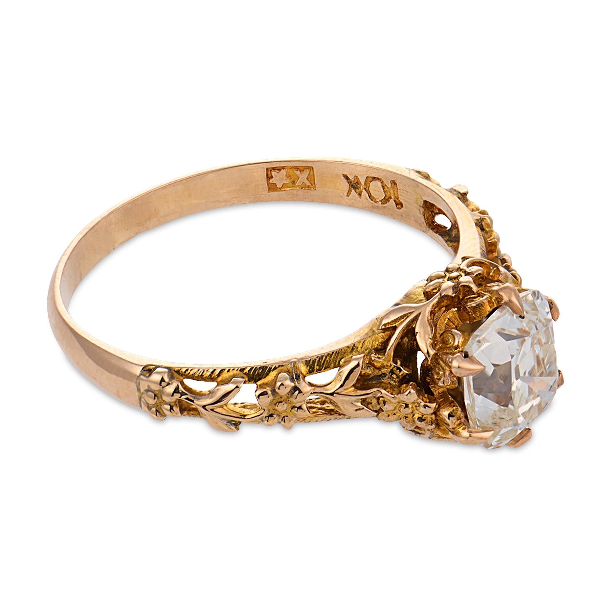 Victorian GIA 0.90 carat old mine cut diamond 10k yellow gold engagement ring