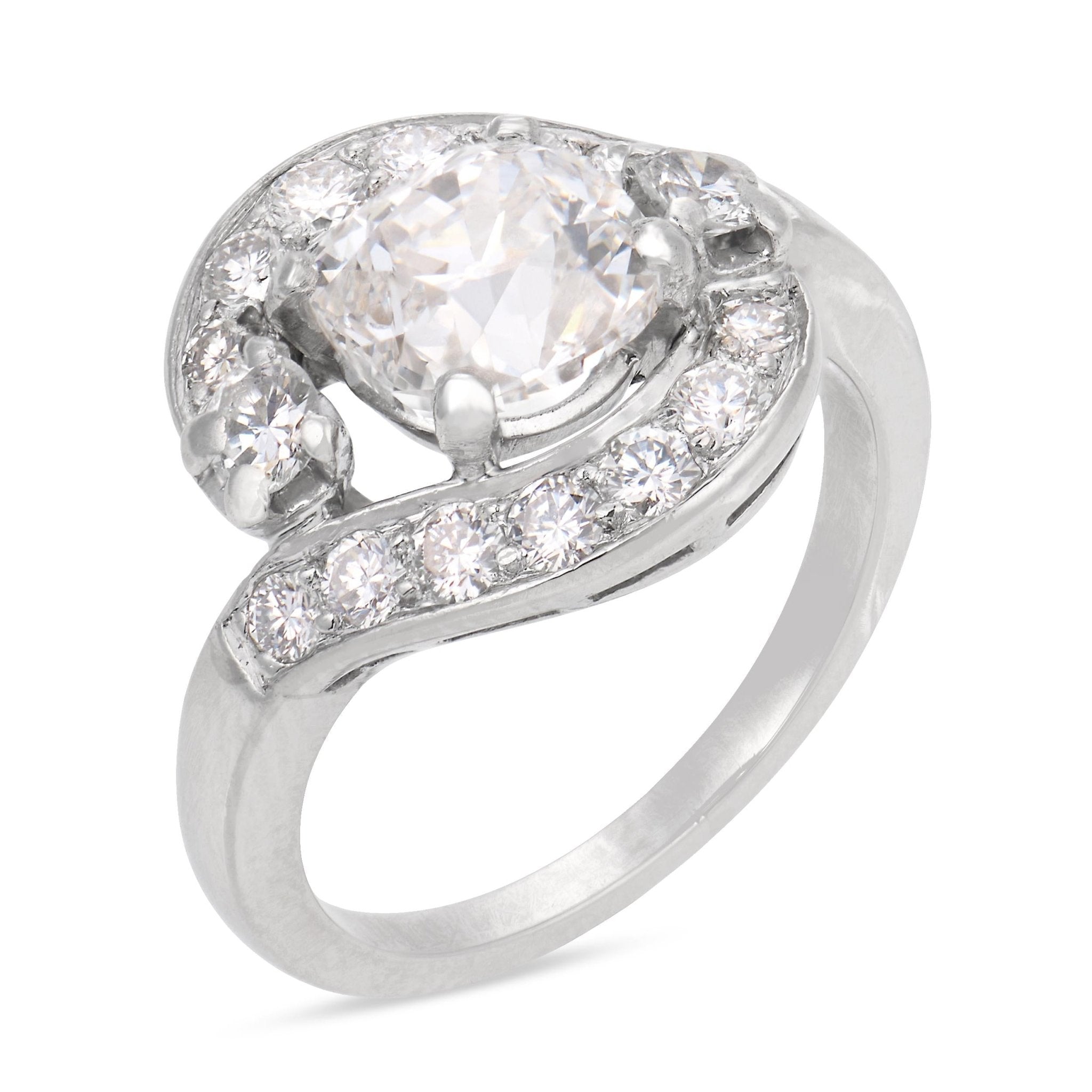 Mid Century GIA 1.51 carat old mine cut diamond platinum swirl ring