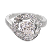 Mid Century GIA 1.51 carat old mine cut diamond platinum swirl ring