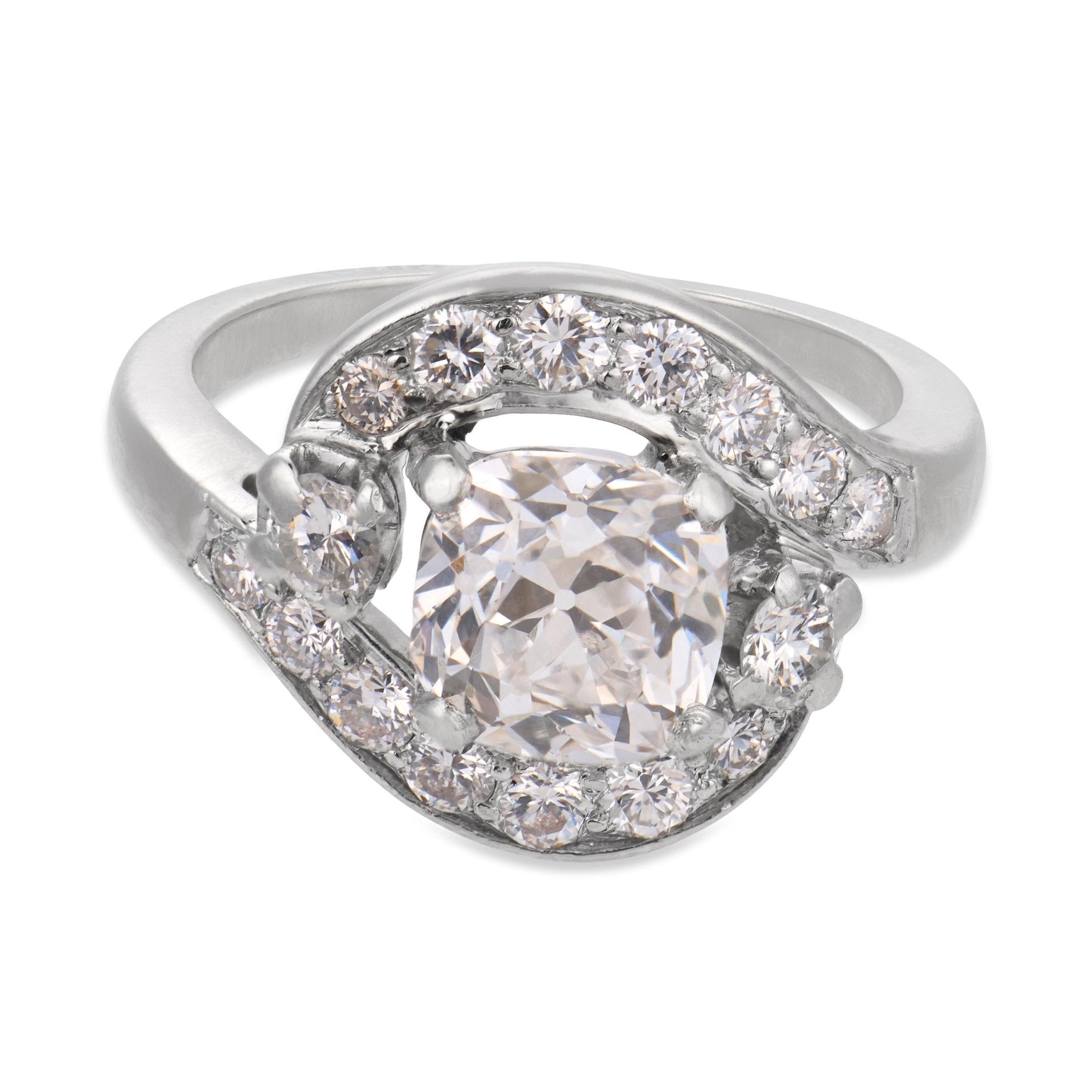 Mid Century GIA 1.51 carat old mine cut diamond platinum swirl ring