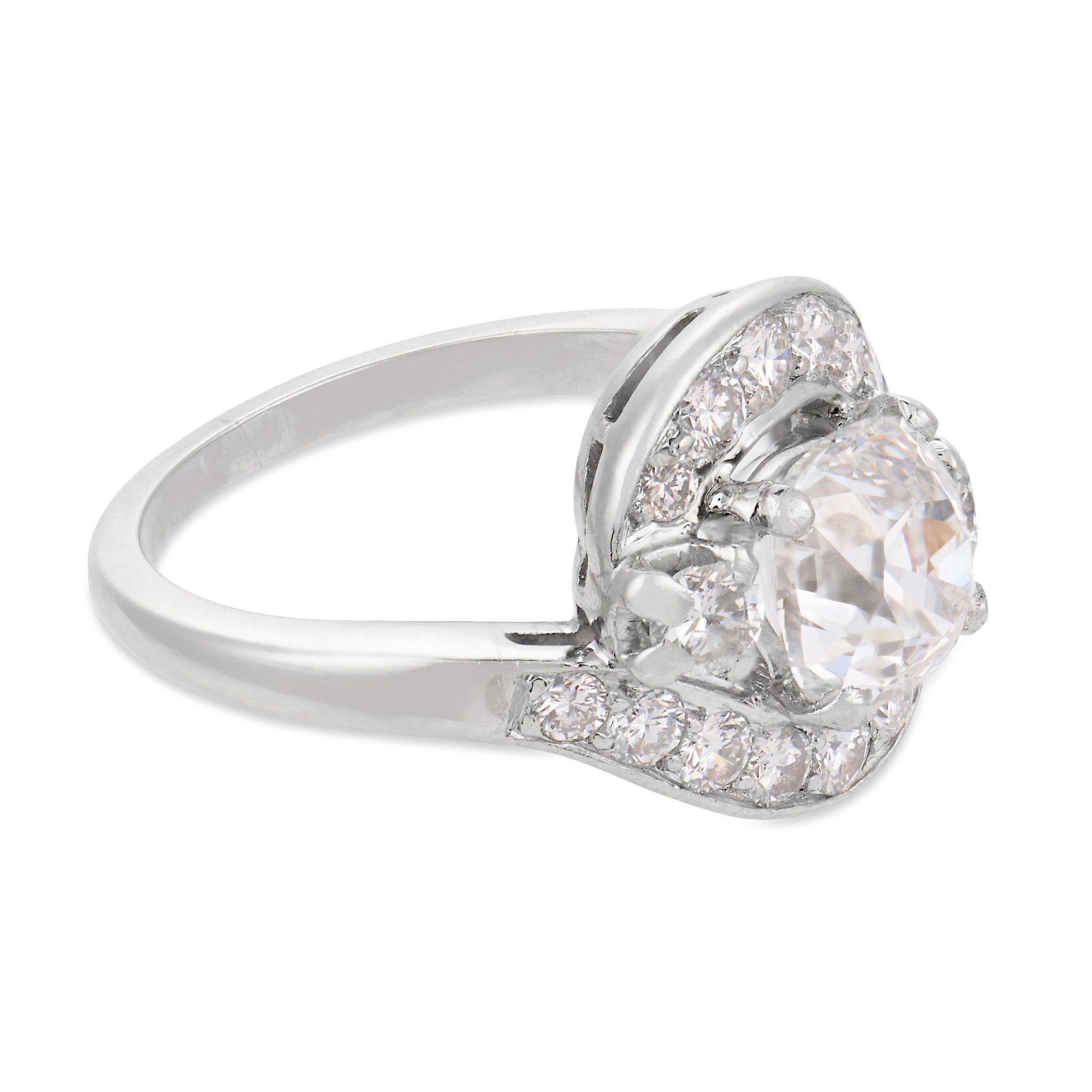 Mid Century GIA 1.51 carat old mine cut diamond platinum swirl ring