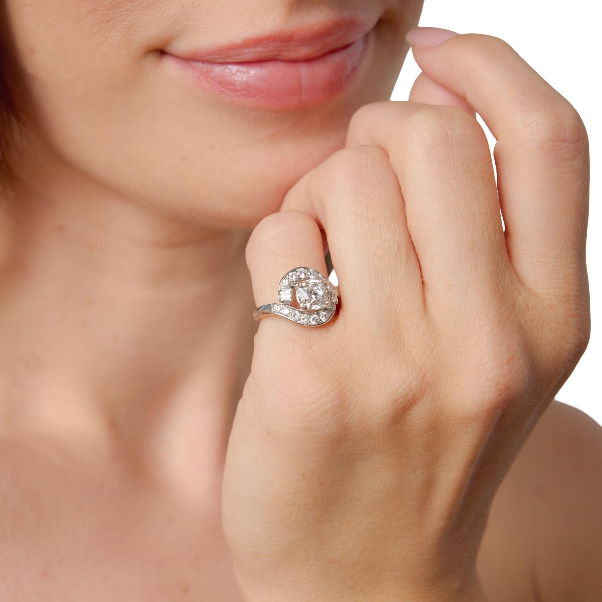 Mid Century GIA 1.51 carat old mine cut diamond platinum swirl ring