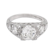Art Deco GIA 1.52 carat old mine cut diamond platinum filagree engagement ring