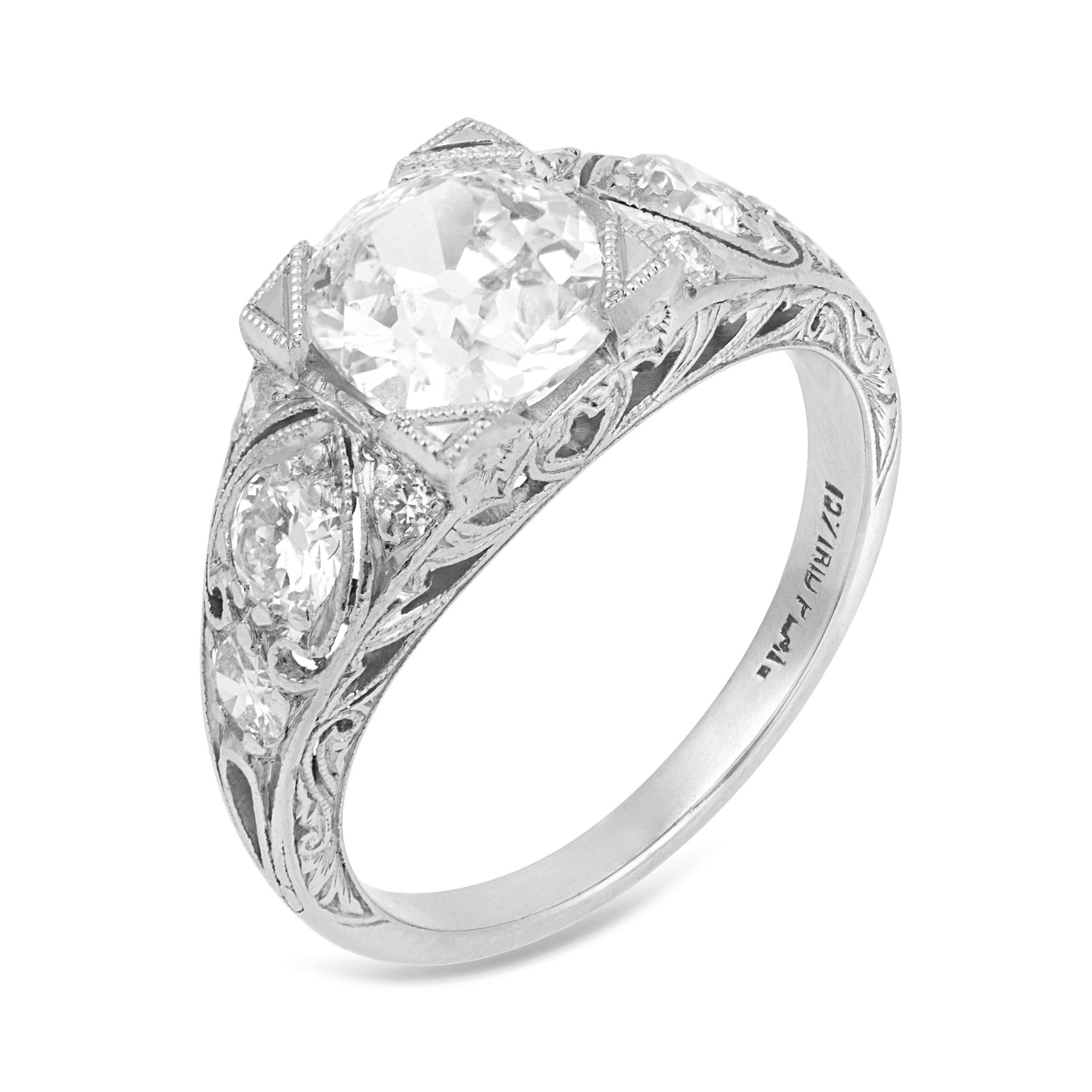 Art Deco GIA 1.52 carat old mine cut diamond platinum filagree engagement ring